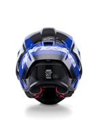 Alpinestars Supertech R10 Arius-hjälm, sedd bakifrån, glansig svart, vit och blå, kolfiberkonstruktion med tydlig vit logotyp, aerodynamisk form, DOT-certifierad etikett, rött innerfoder