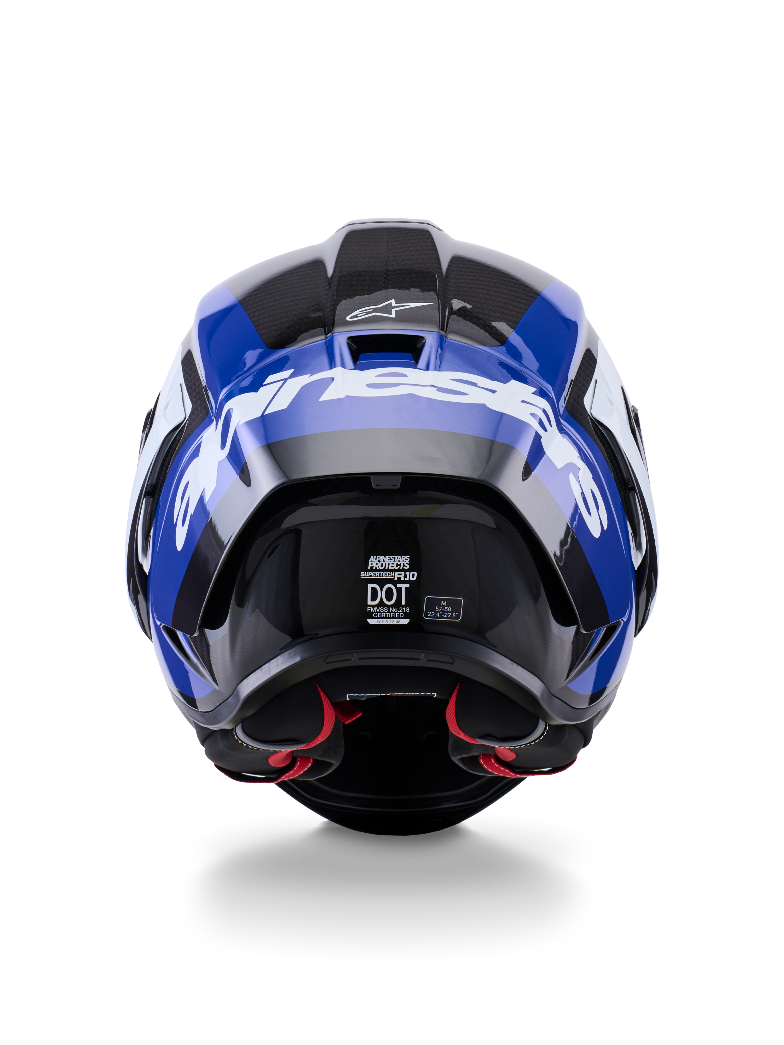 Alpinestars Supertech R10 Arius-hjälm, sedd bakifrån, glansig svart, vit och blå, kolfiberkonstruktion med tydlig vit logotyp, aerodynamisk form, DOT-certifierad etikett, rött innerfoder