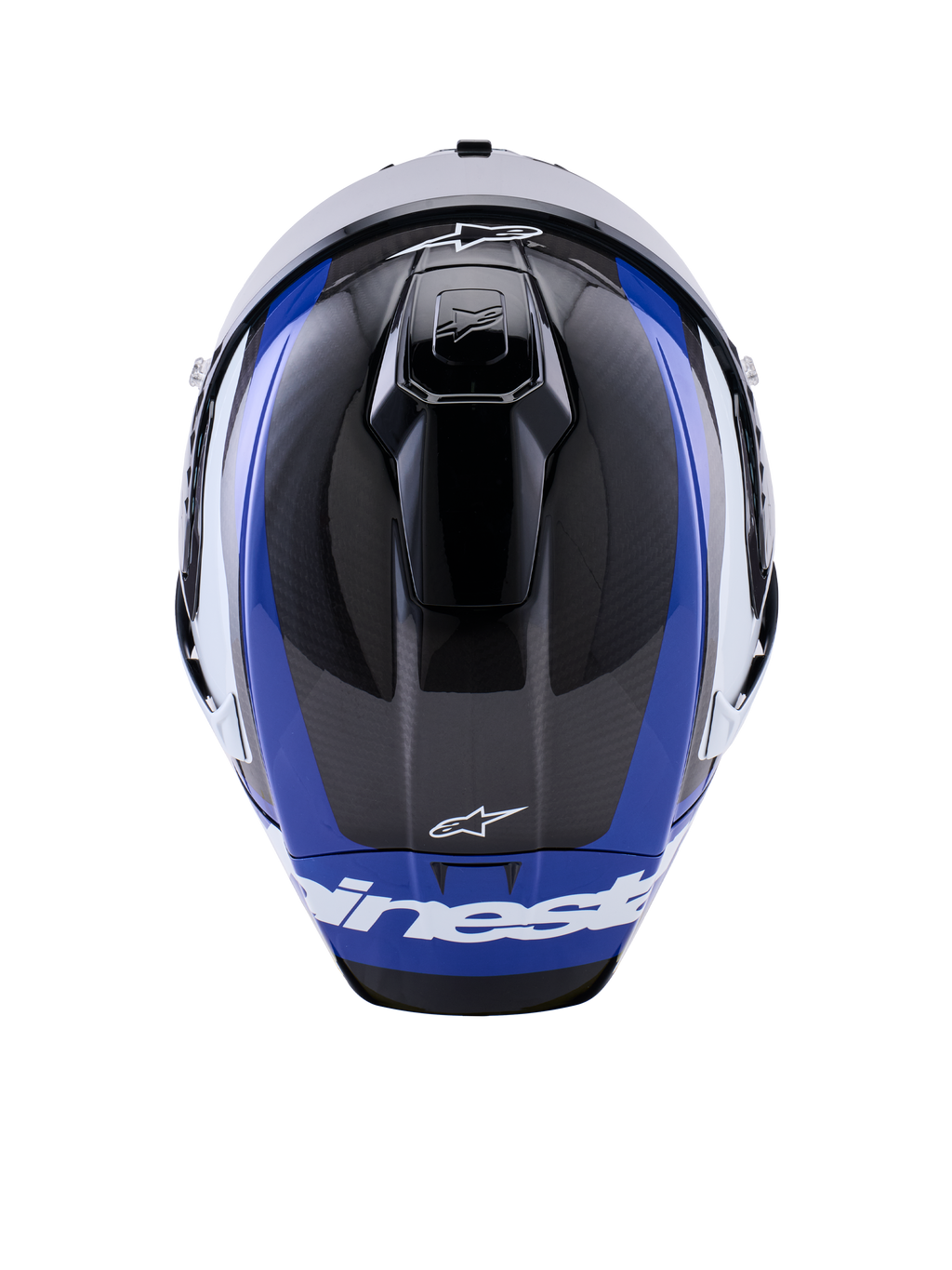 Alpinestars Supertech R10 Arius hjälm, integralhjälm för motorcykelracing, blanksvart, vit och blå, vy uppifrån som framhäver kolfiberväv, aerodynamiska ventiler och vit Alpinestars-logotyp