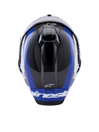 Alpinestars Supertech R10 Arius hjälm, integralhjälm för motorcykelracing, blanksvart, vit och blå, vy uppifrån som framhäver kolfiberväv, aerodynamiska ventiler och vit Alpinestars-logotyp