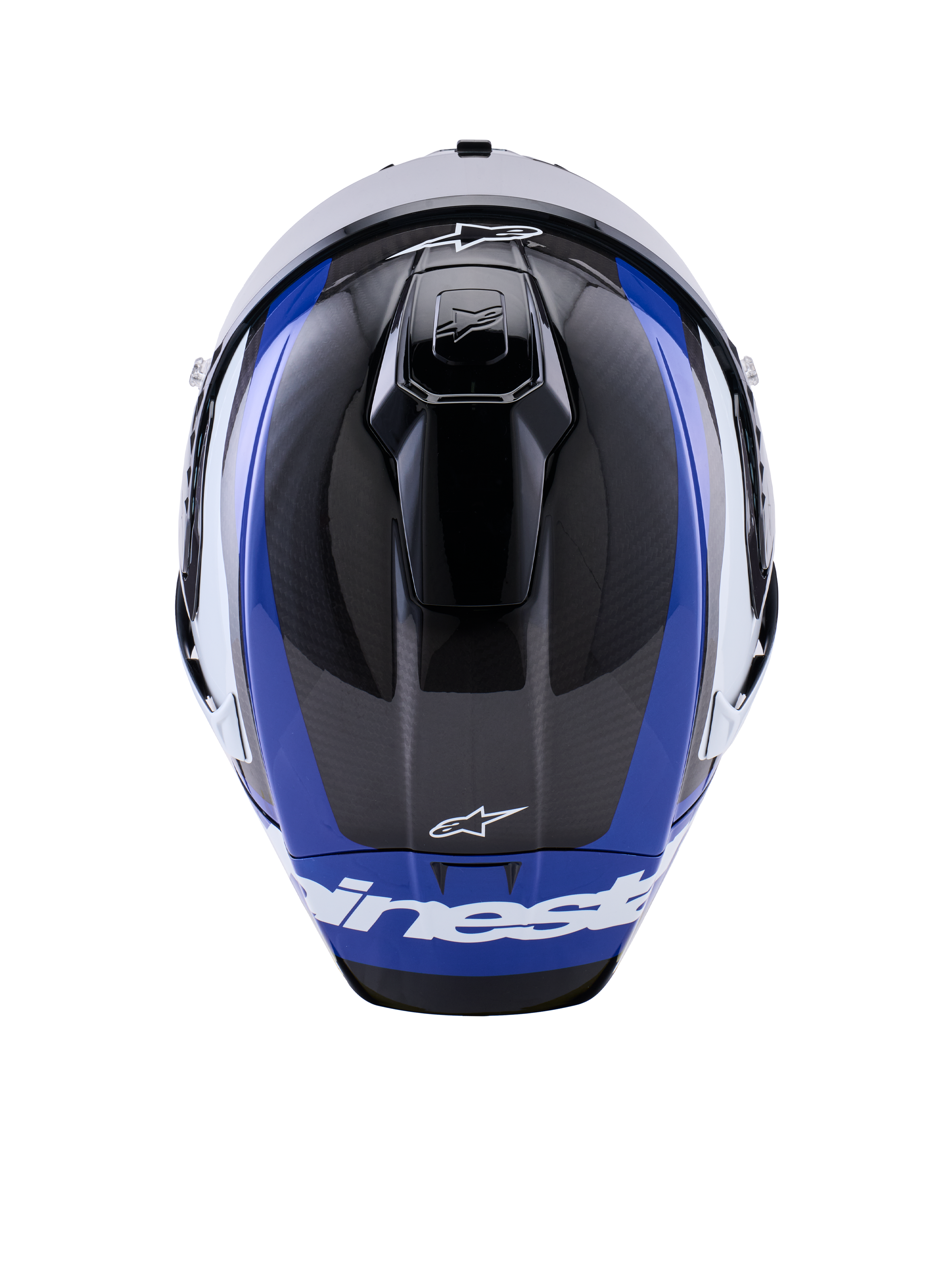 Alpinestars Supertech R10 Arius hjälm, integralhjälm för motorcykelracing, blanksvart, vit och blå, vy uppifrån som framhäver kolfiberväv, aerodynamiska ventiler och vit Alpinestars-logotyp