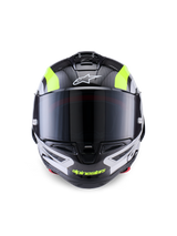 Alpinestars Supertech R10 Arius Helmet, Racing Motorcycle Helmet, Black Silver and Yellow Fluo Glossy, front view featuring carbon fiber shell, dark smoke visor, and integrated ventilation system.