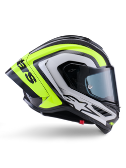 Alpinestars Supertech R10 Arius Helmet, Full-Face Racing Helmet, Black Silver and Fluo Yellow Glossy, side profile view showing aerodynamic shell and dark smoke visor, carbon fiber construction with bold branding