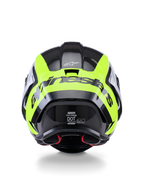 Alpinestars Supertech R10 Arius Helmet, Rear View, Black Silver and Yellow Fluo Glossy, high-performance racing helmet with multi-composite carbon shell, aerodynamic design, and bold brand logo across the back.