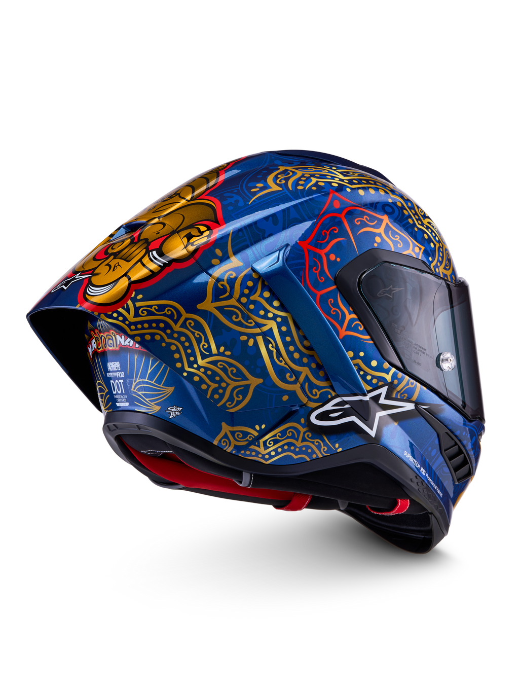 Alpinestars Supertech R10 Martinator Thai hjälm, racinghjälm för motorcykel, blå och guld med mandalamönster, kolfiberskal, FIM- och ECE-certifierad.