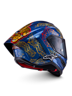 Alpinestars Supertech R10 Martinator Thai hjälm, racinghjälm för motorcykel, blå och guld med mandalamönster, kolfiberskal, FIM- och ECE-certifierad.