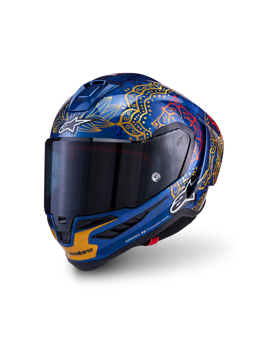 Alpinestars Supertech R10 Martinator Thai-hjälm, blankblå racinghjälm i kolfiber med guldgrafik och mörkt rökfärgat visir.