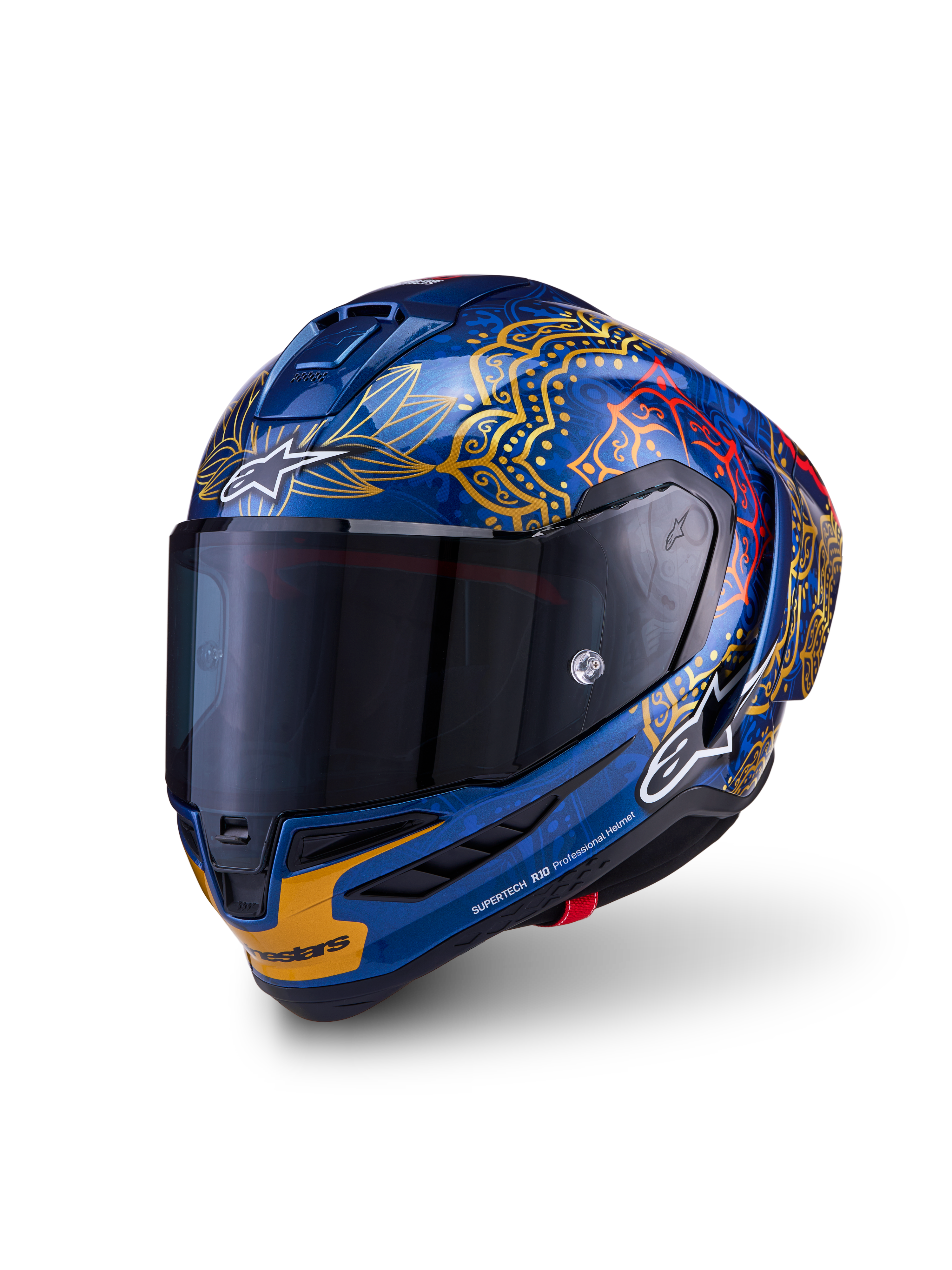 Alpinestars Supertech R10 Martinator Thai-hjälm, blankblå racinghjälm i kolfiber med guldgrafik och mörkt rökfärgat visir.