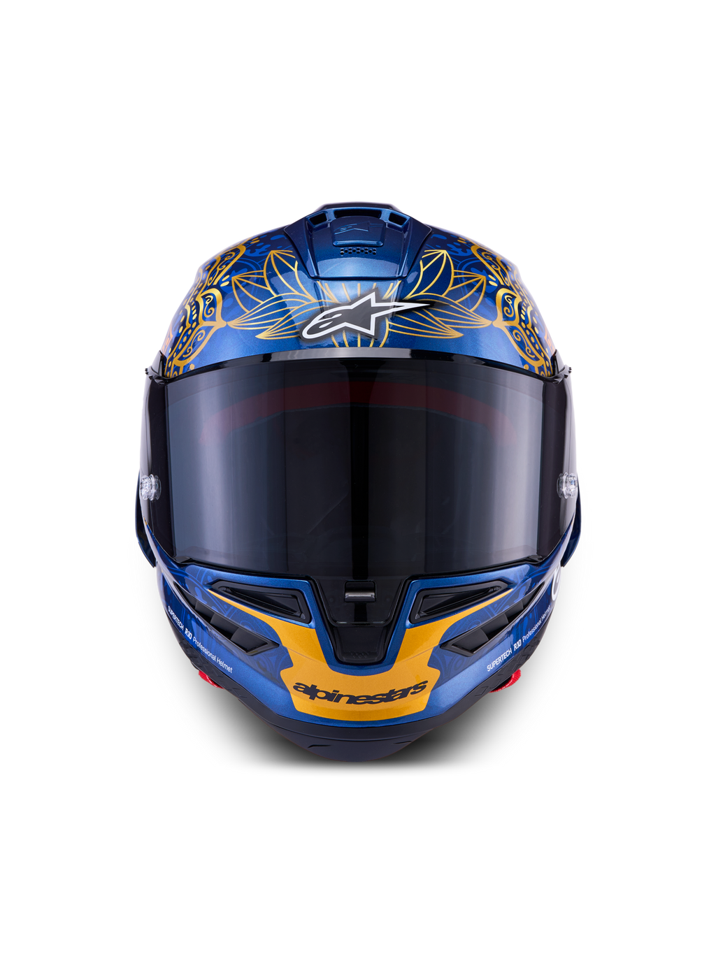 Alpinestars Supertech R10 Martinator Thai LE-hjälm i metallicblå kolfiber och guld med ett tonat visir framifrån.