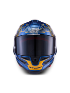 Alpinestars Supertech R10 Martinator Thai LE-hjälm i metallicblå kolfiber och guld med ett tonat visir framifrån.