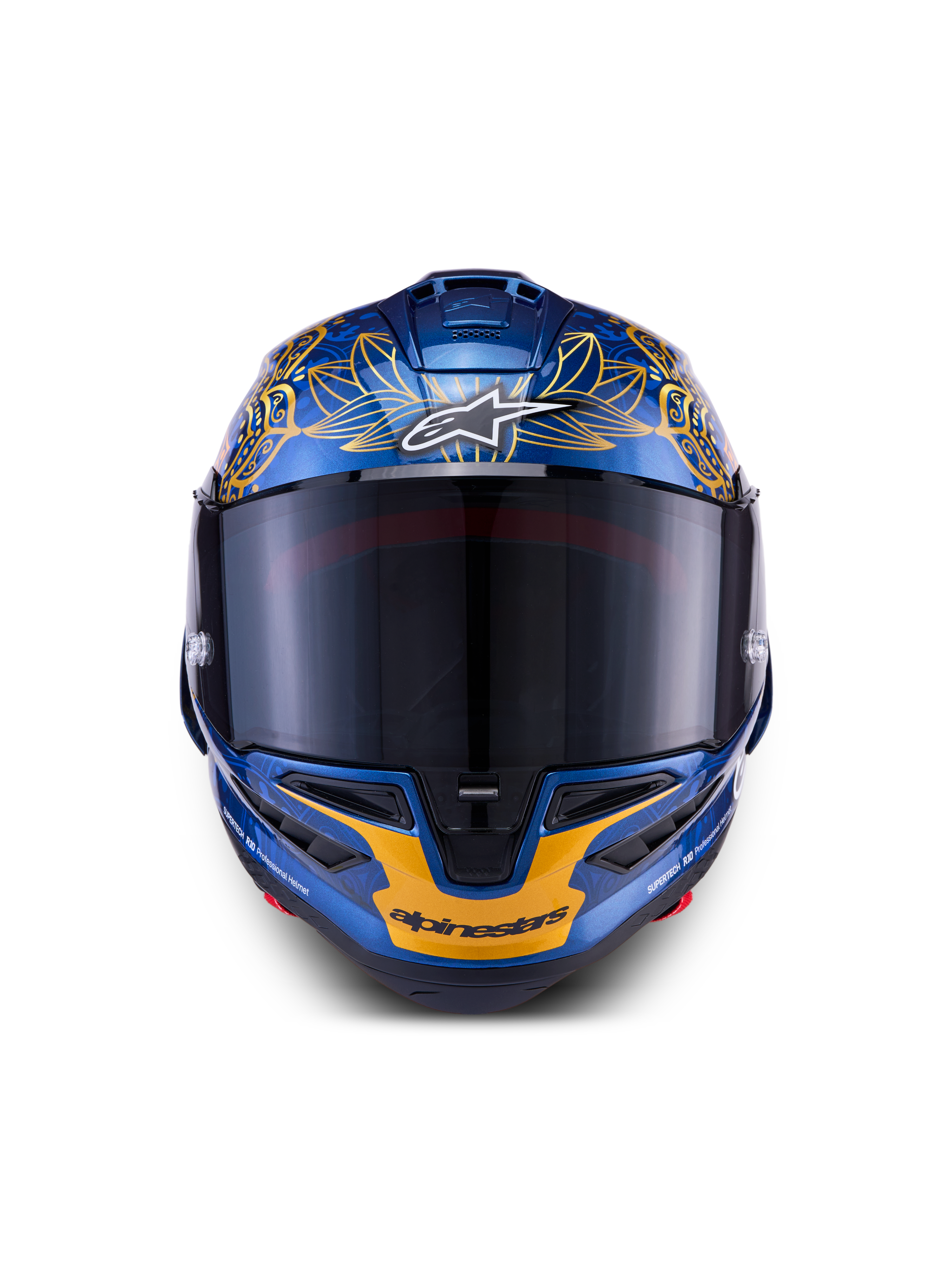 Alpinestars Supertech R10 Martinator Thai LE-hjälm i metallicblå kolfiber och guld med ett tonat visir framifrån.