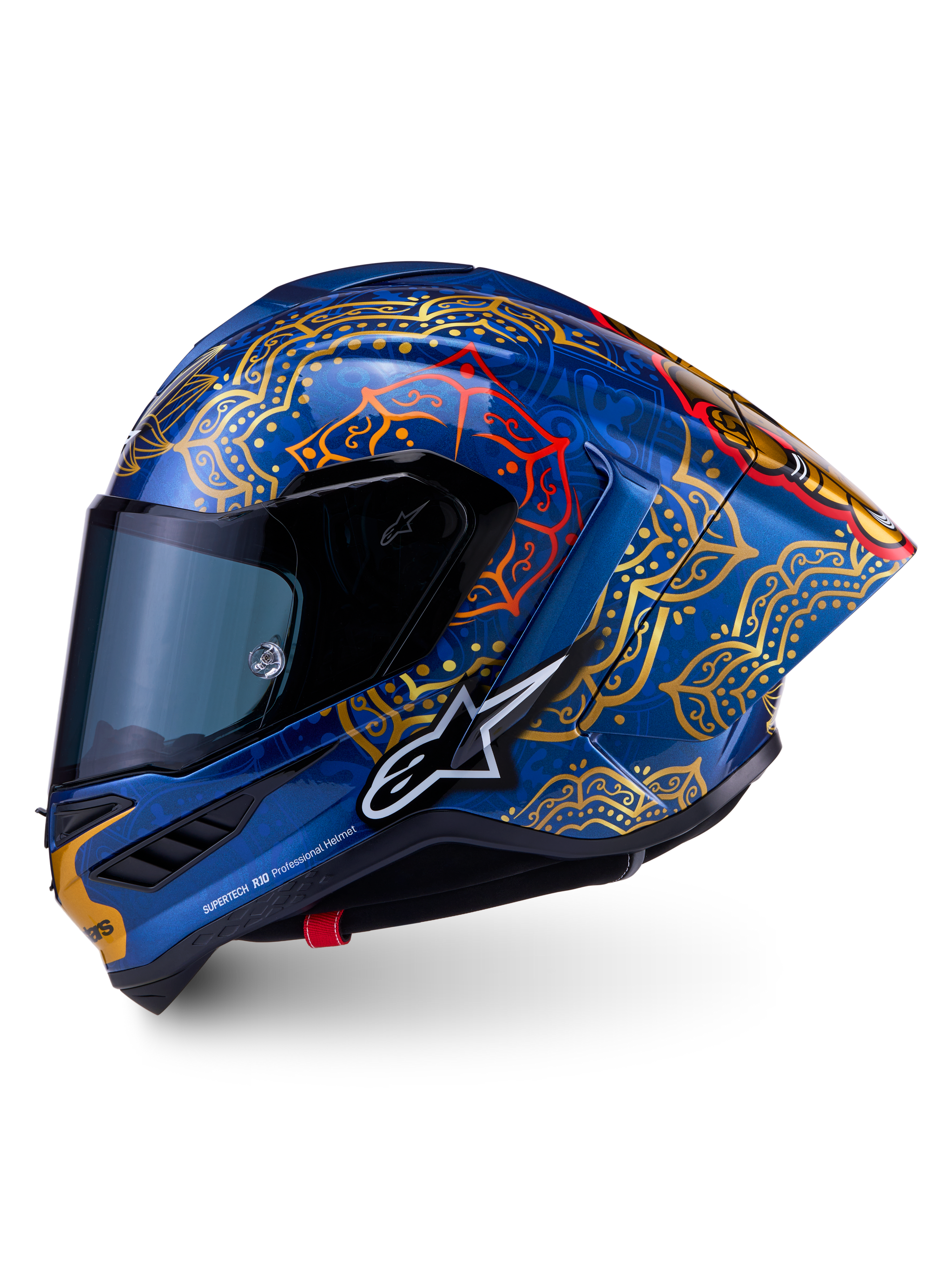 Supertech R10 Martinator Thai Helmet in glossy blue with gold and red mandala graphics and a sleek carbon shell.