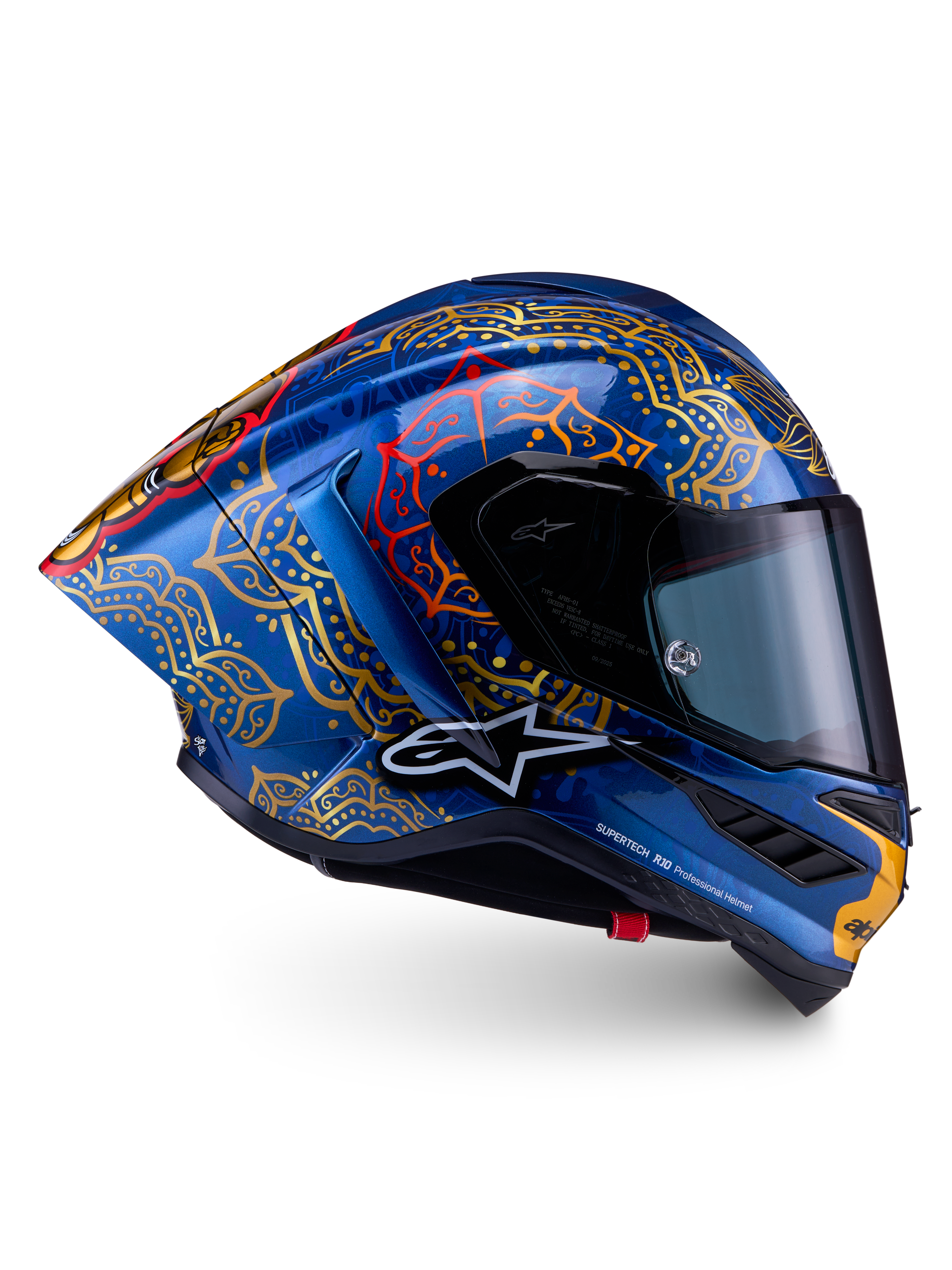 Alpinestars Limited Edition Supertech R10 Martinator Thai Helmet, blue and gold carbon shell, MotoGP racing, FIM certified.