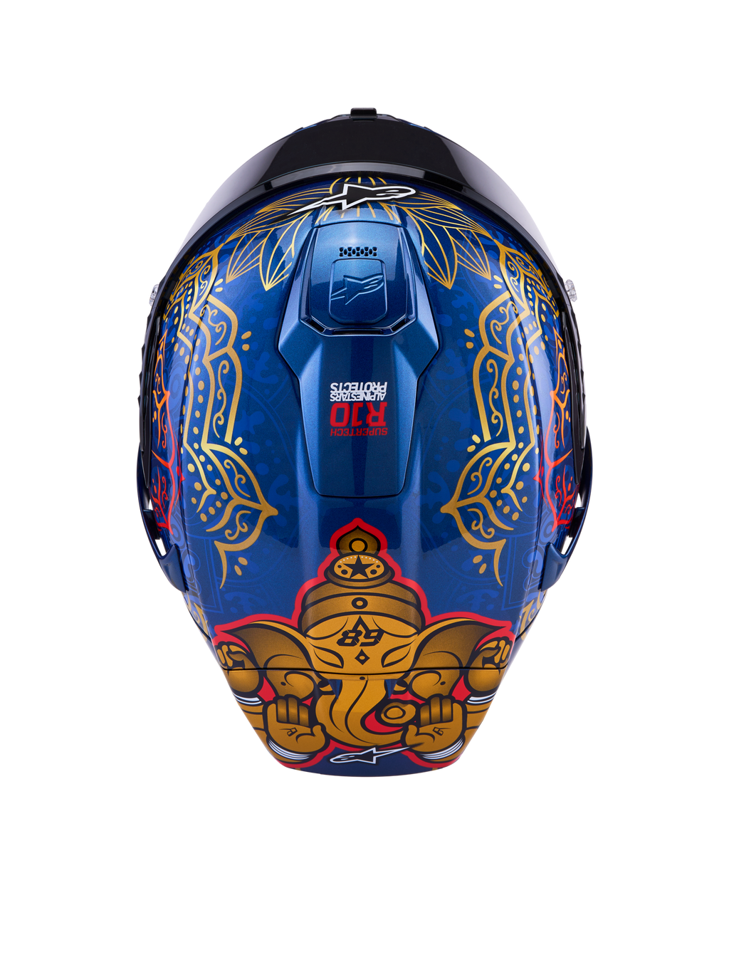 Alpinestars Supertech R10 Martinator Thai-hjälm, blått kolfiberskal med guldelefant och intrikata mönster baktill.