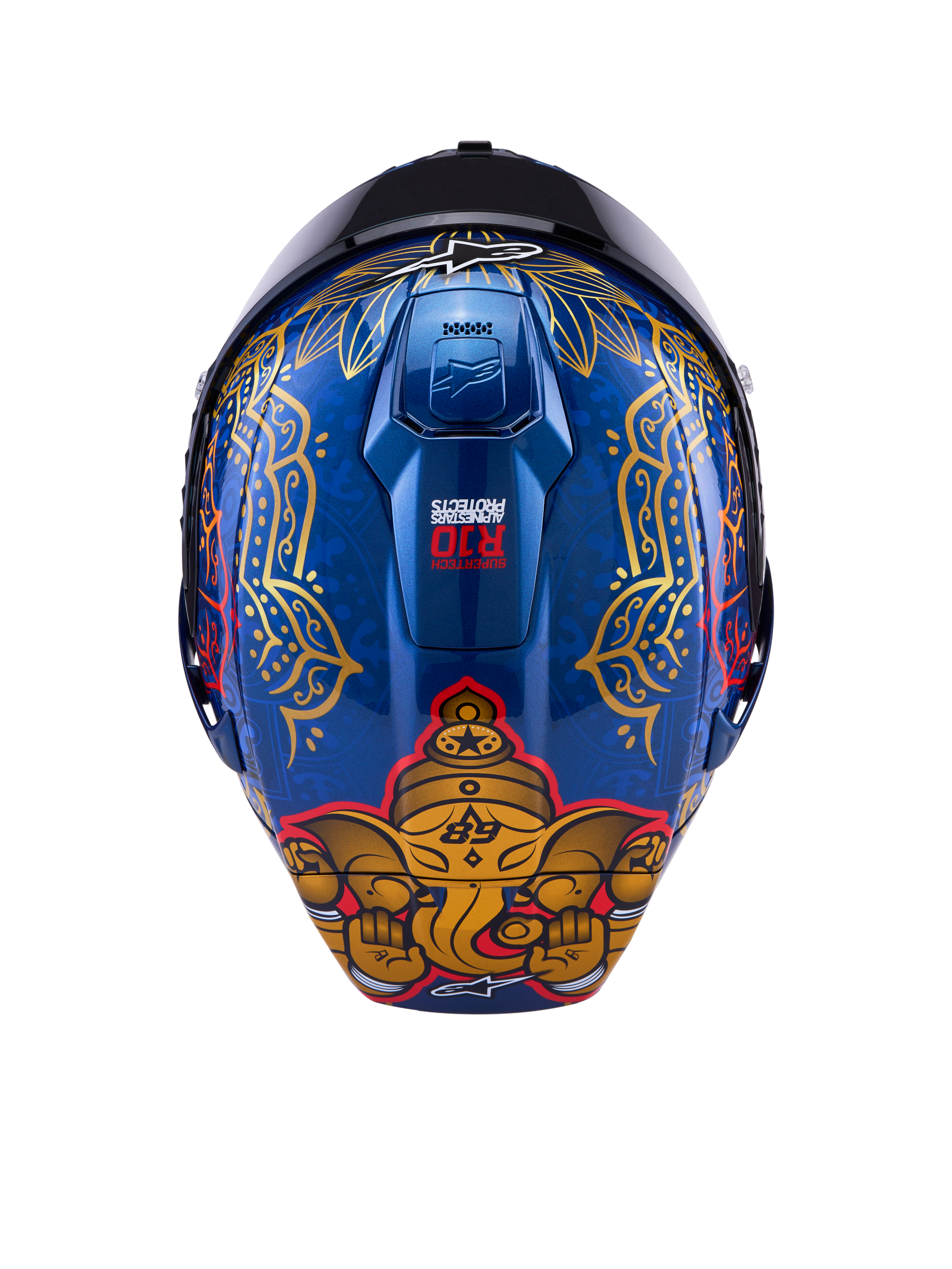 Alpinestars Supertech R10 Martinator Thai-hjälm, blått kolfiberskal med guldelefant och intrikata mönster baktill.
