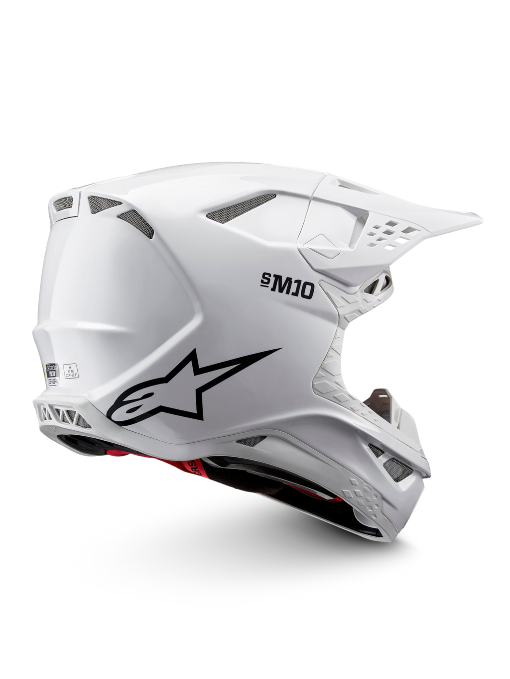Alpinestars Supertech M10 Solid hjälm, vit glänsande motocrosshjälm med svart grafik, röda detaljer, ventilationsportar, skärmvisir och ECE 22.06-certifiering