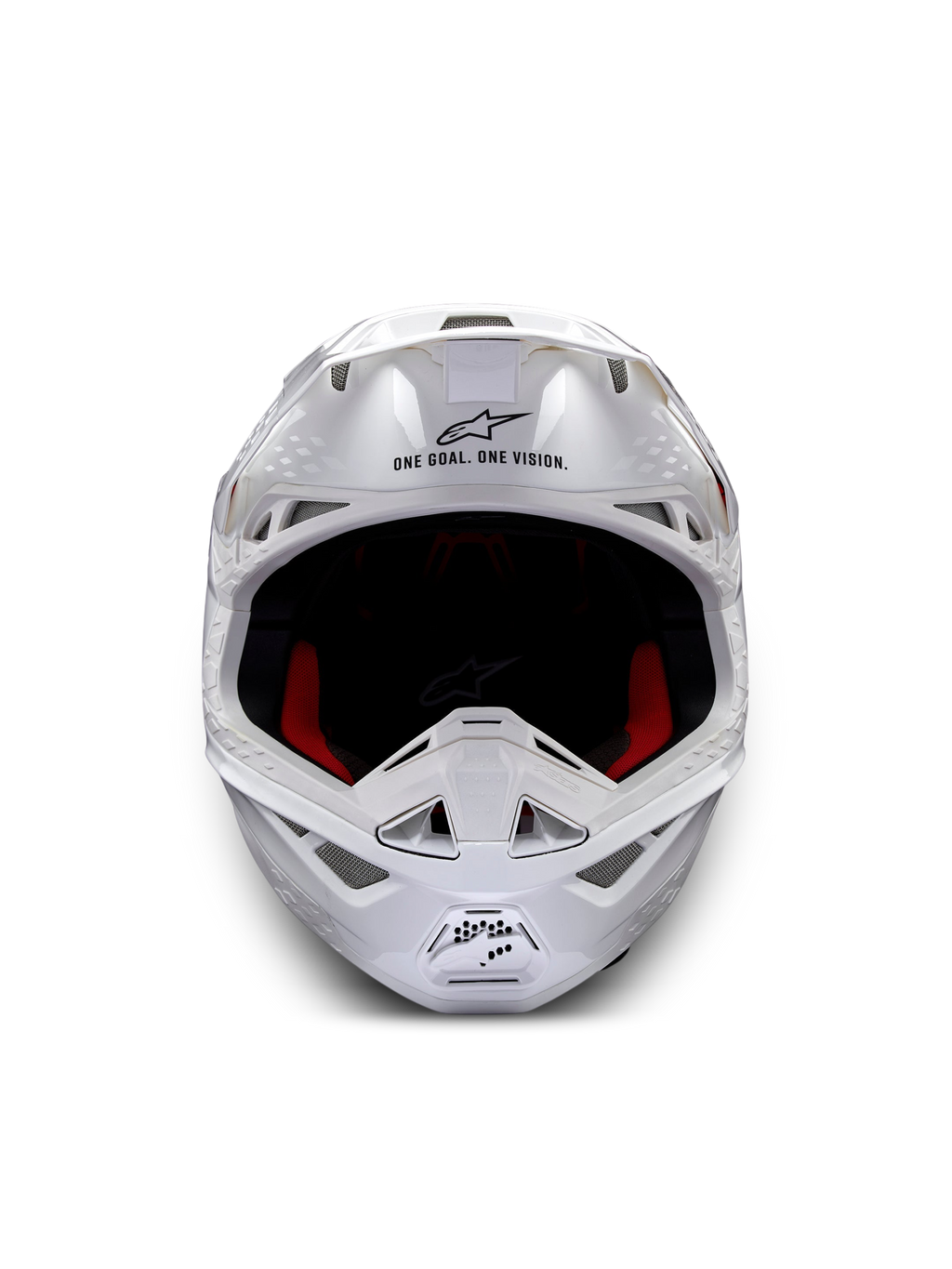 Alpinestars Supertech M10 Solid hjälm ECE 22.06, vit glänsande motocrosshjälm framifrån med rött och svart innerfoder