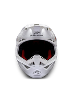 Alpinestars Supertech M10 Solid hjälm ECE 22.06, vit glänsande motocrosshjälm framifrån med rött och svart innerfoder