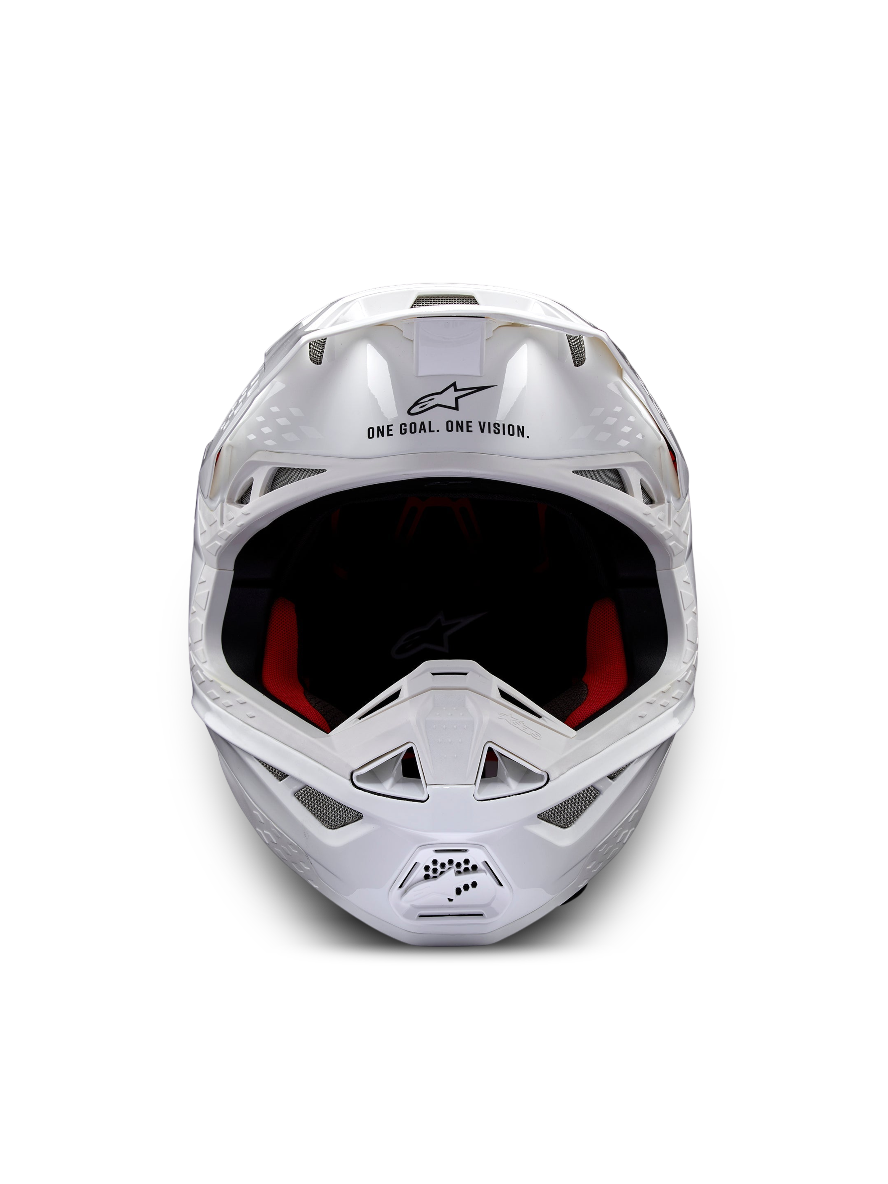 Alpinestars Supertech M10 Solid hjälm ECE 22.06, vit glänsande motocrosshjälm framifrån med rött och svart innerfoder