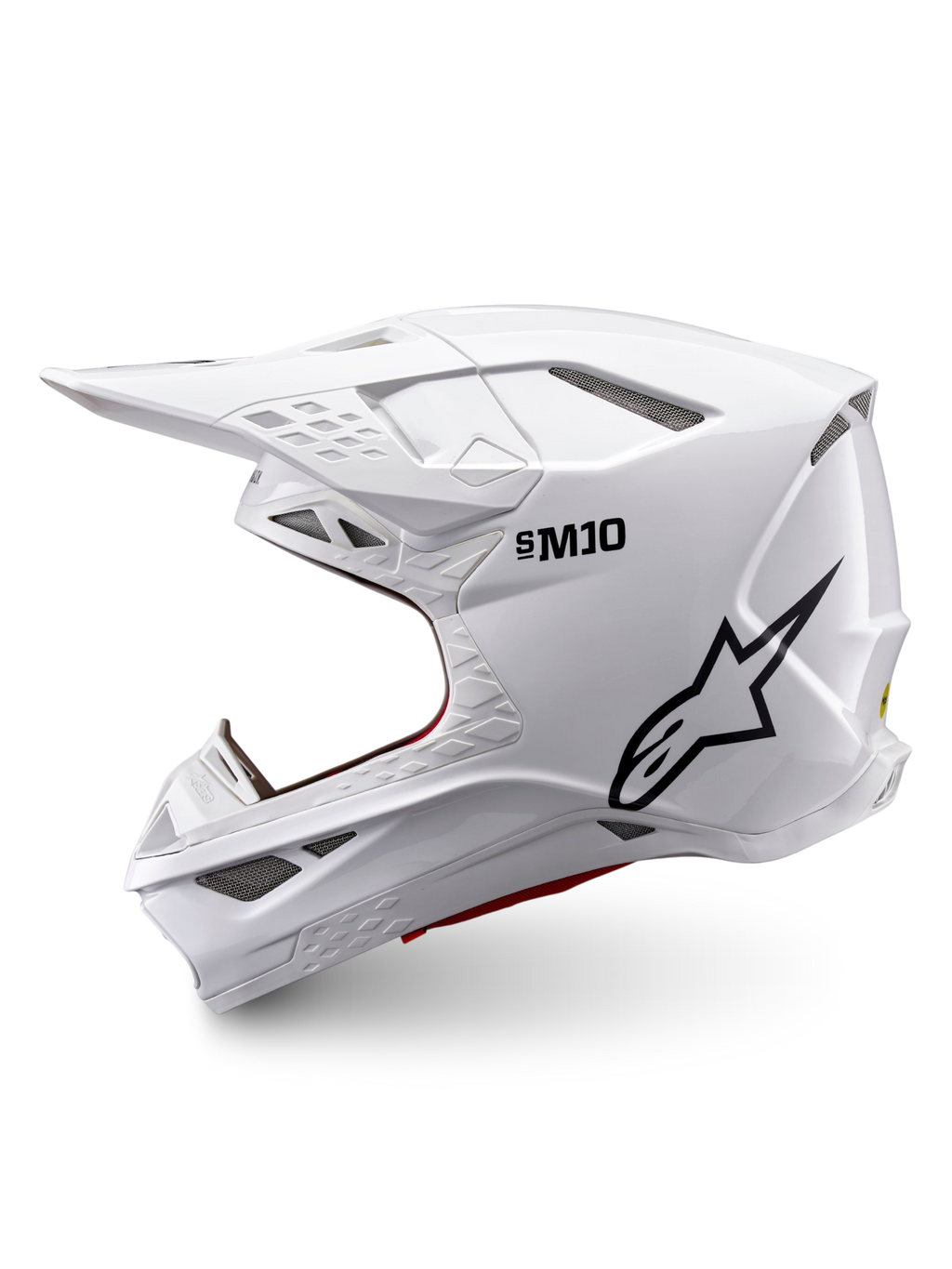Alpinestars Supertech M10 Solid hjälm ECE 22.06, vit glansig integral motocrosshjälm med svart logotyp i sidoprofil och flera ventilationsöppningar