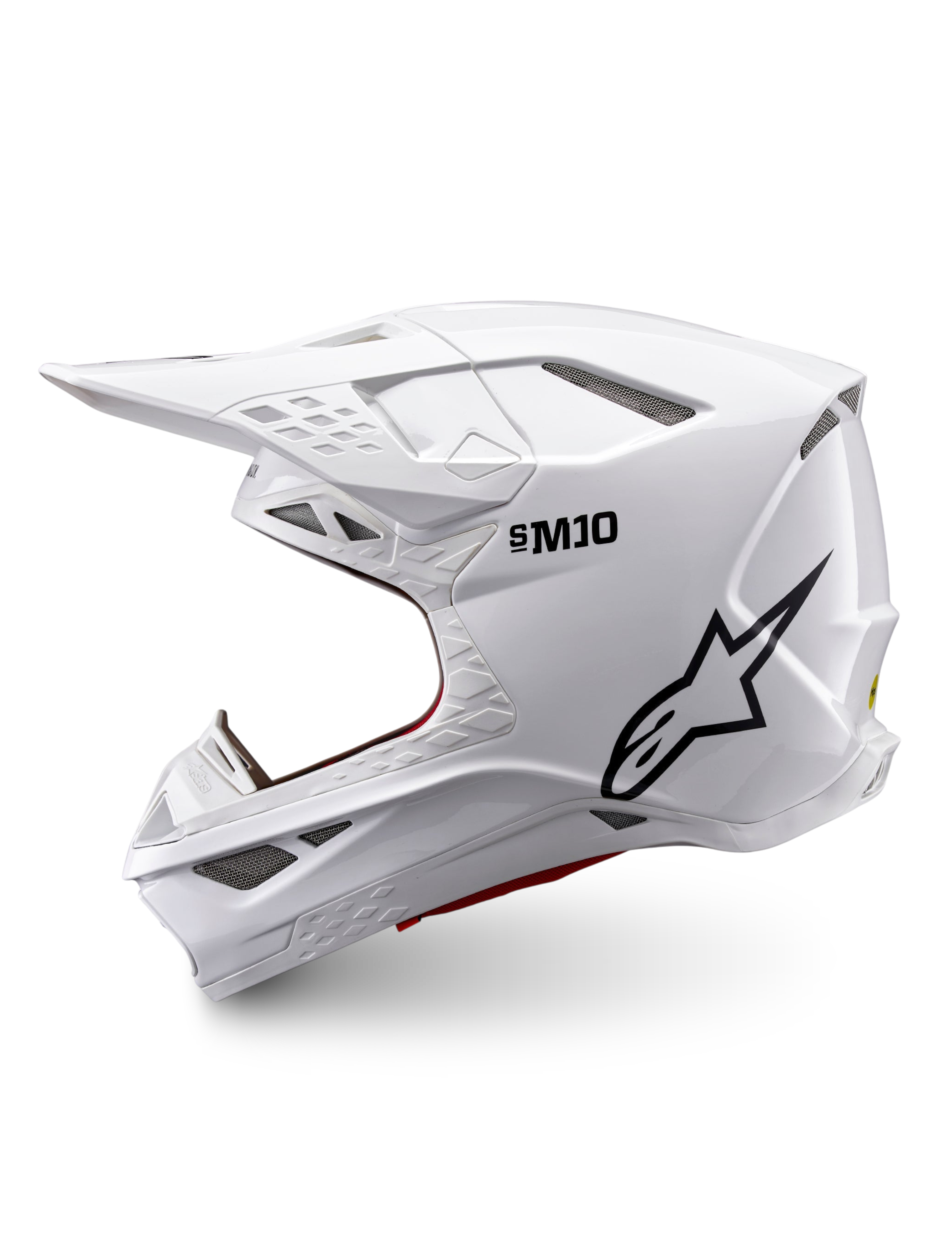 Alpinestars Supertech M10 Solid hjälm ECE 22.06, vit glansig integral motocrosshjälm med svart logotyp i sidoprofil och flera ventilationsöppningar