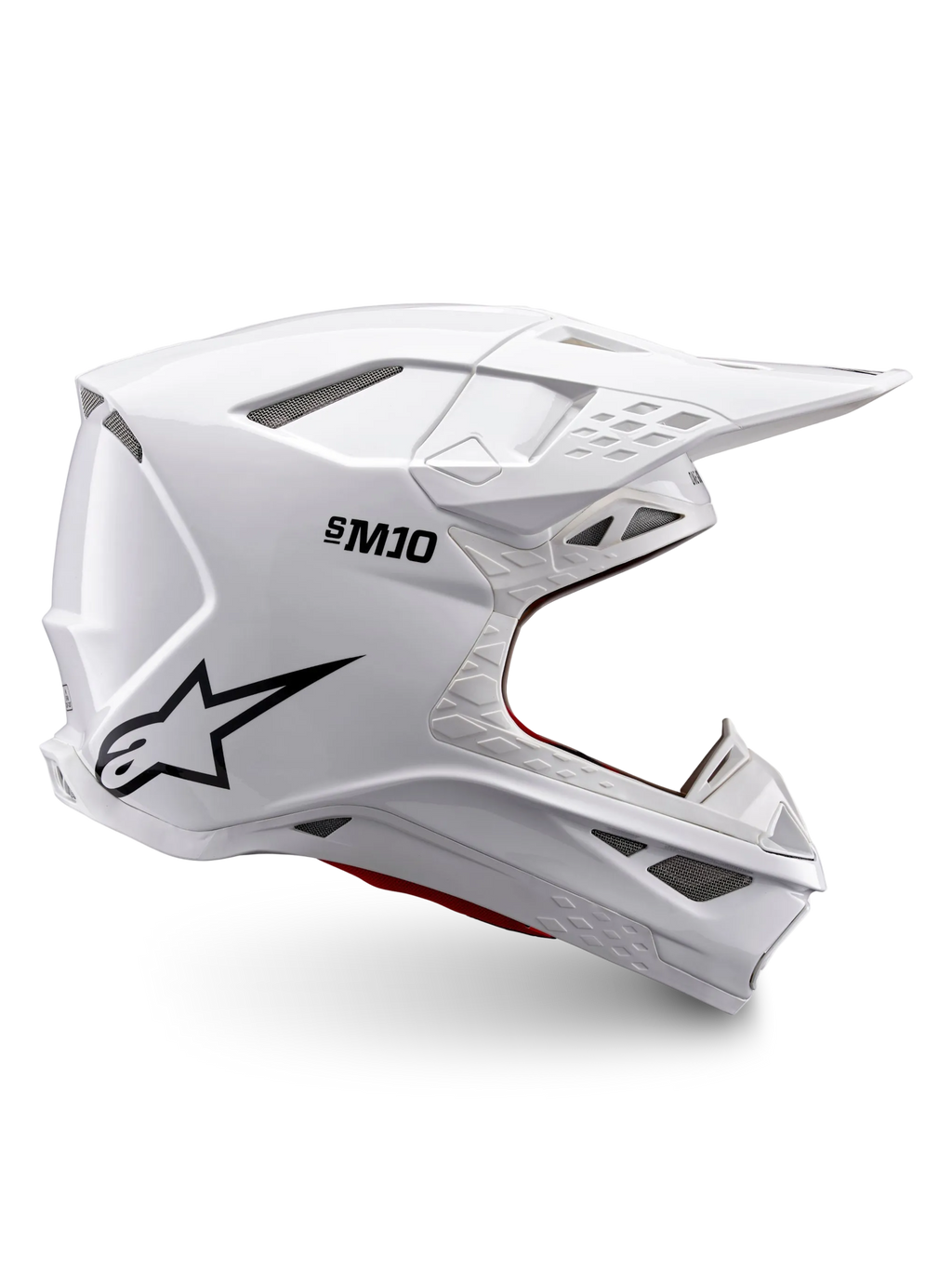 Alpinestars Supertech M10 Solid-hjälm, ECE 22.06-certifierad vit glansig motocrosshjälm med svart logotyp, skärm och ventilerad heltäckande design i sidovy