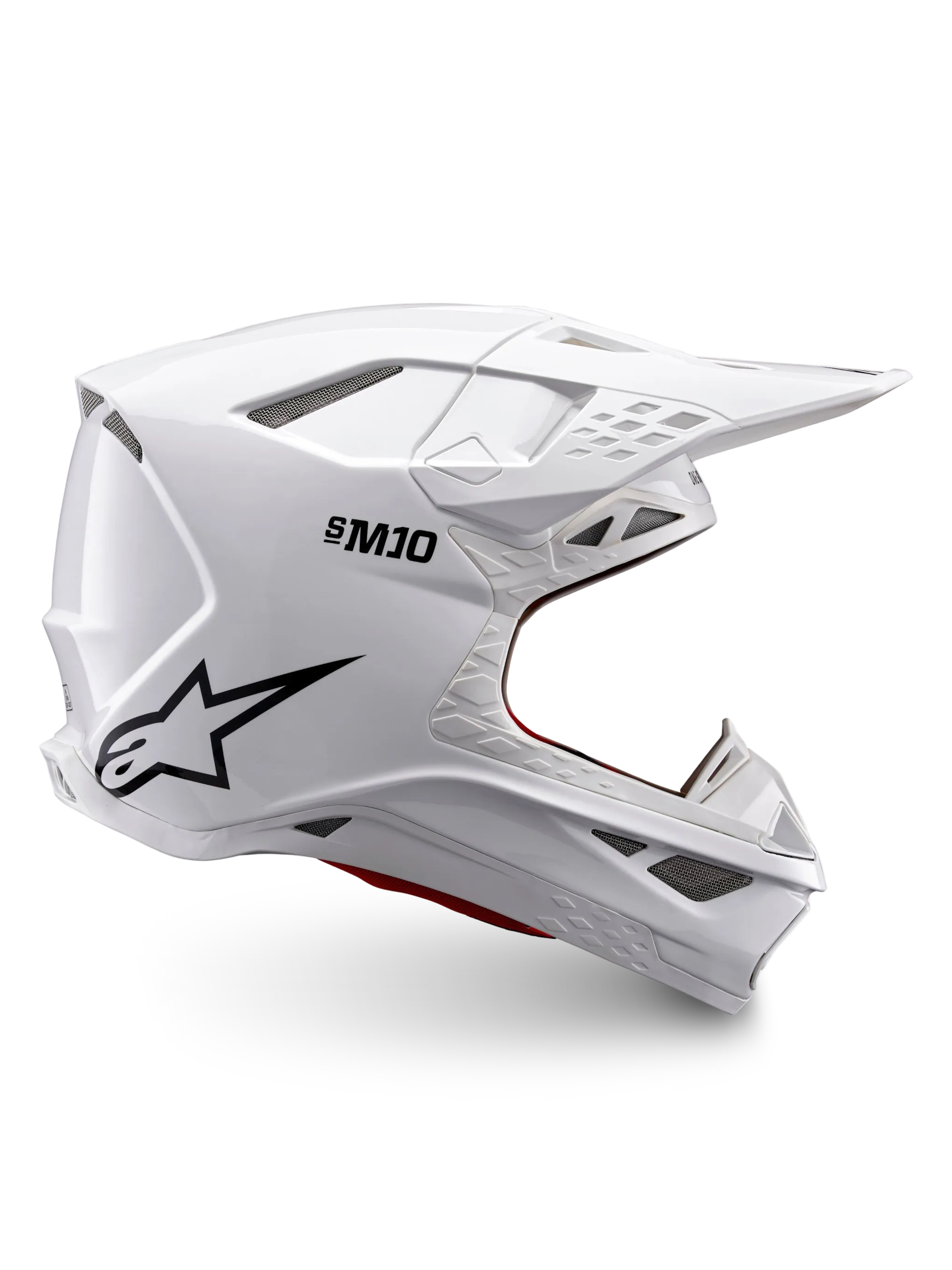 Alpinestars Supertech M10 Solid Helmet ECE 22.06, white glossy motocross helmet with black logo, peak visor and ventilated full-face design, side view