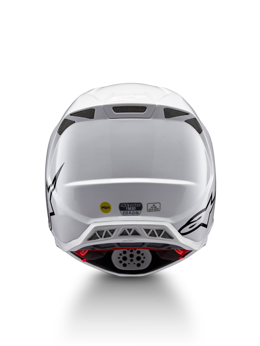 Alpinestars Supertech M10 Solid hjälm ECE 22.06, vit glansig motocrosshjälm bakifrån med svarta grafikdetaljer, ventilationsportar, MIPS och ECE-certifiering