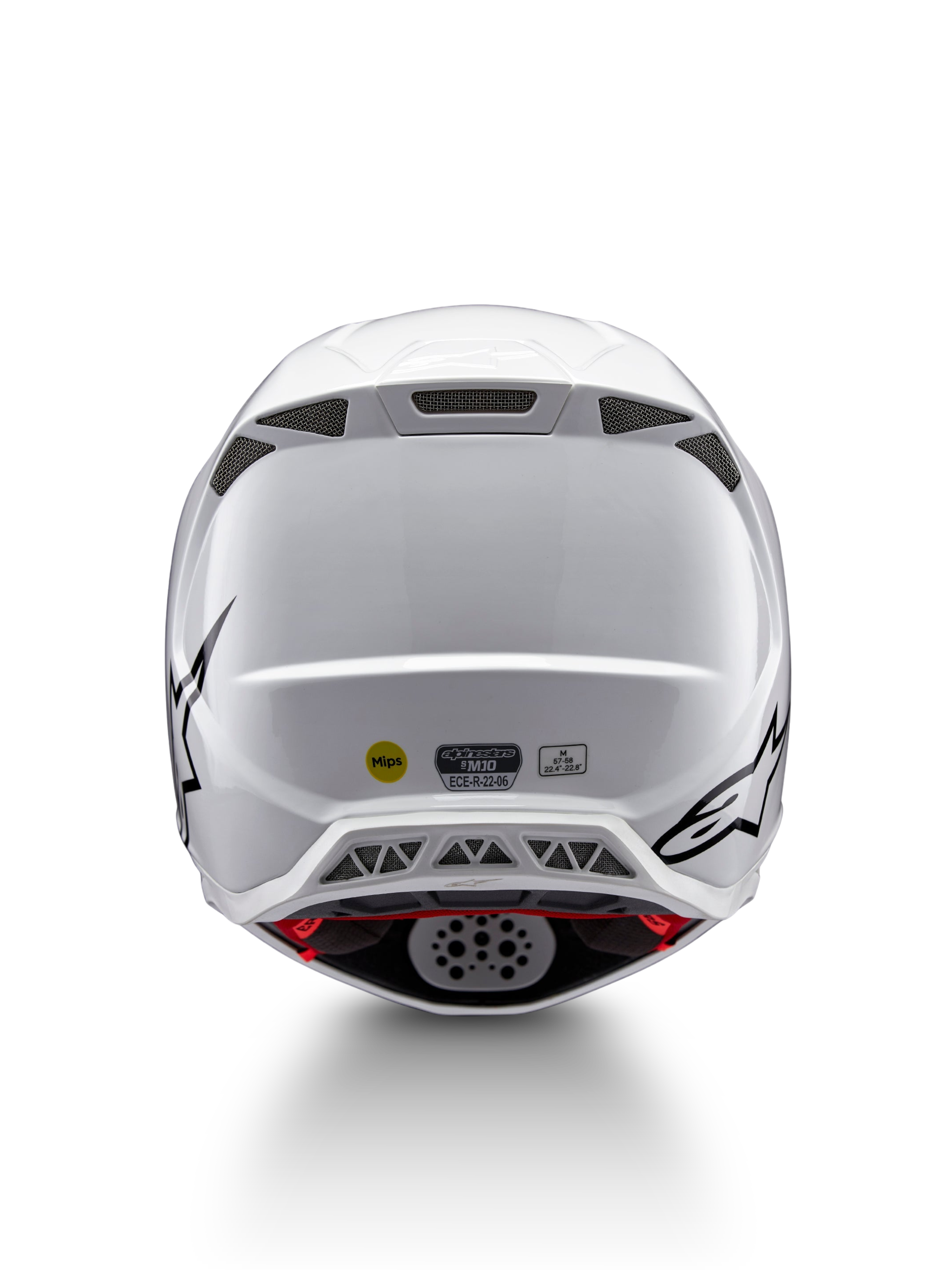 Alpinestars Supertech M10 Solid hjälm ECE 22.06, vit glansig motocrosshjälm bakifrån med svarta grafikdetaljer, ventilationsportar, MIPS och ECE-certifiering