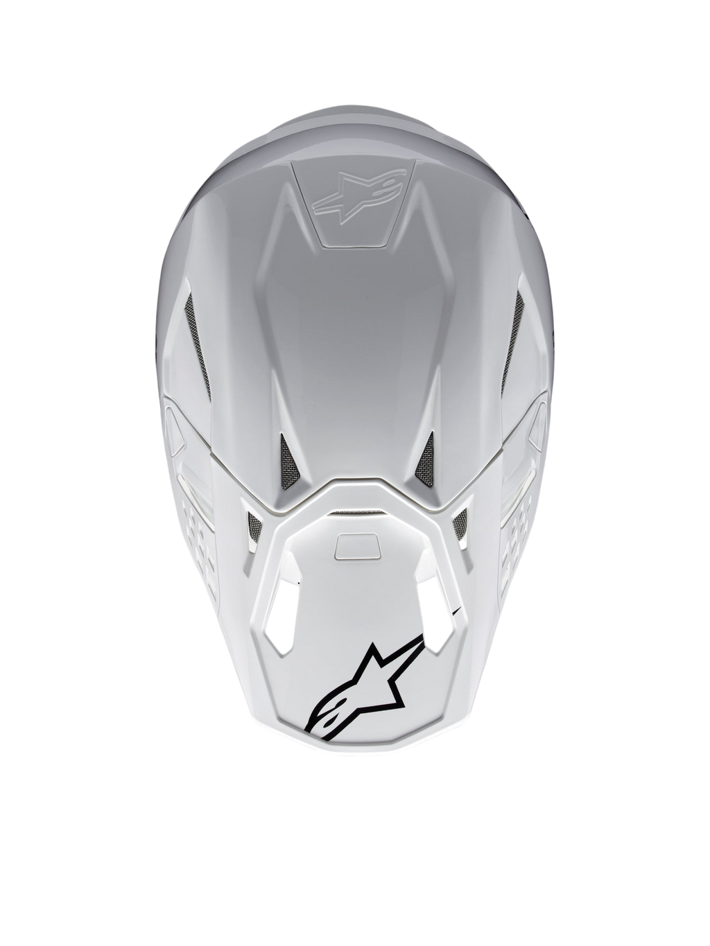 Alpinestars Supertech M10 Solid Hjälm ECE 22.06, vit glänsande motocrosshjälm sedd bakifrån med ventilationsöppningar och svarta Alpinestars-logotyper.