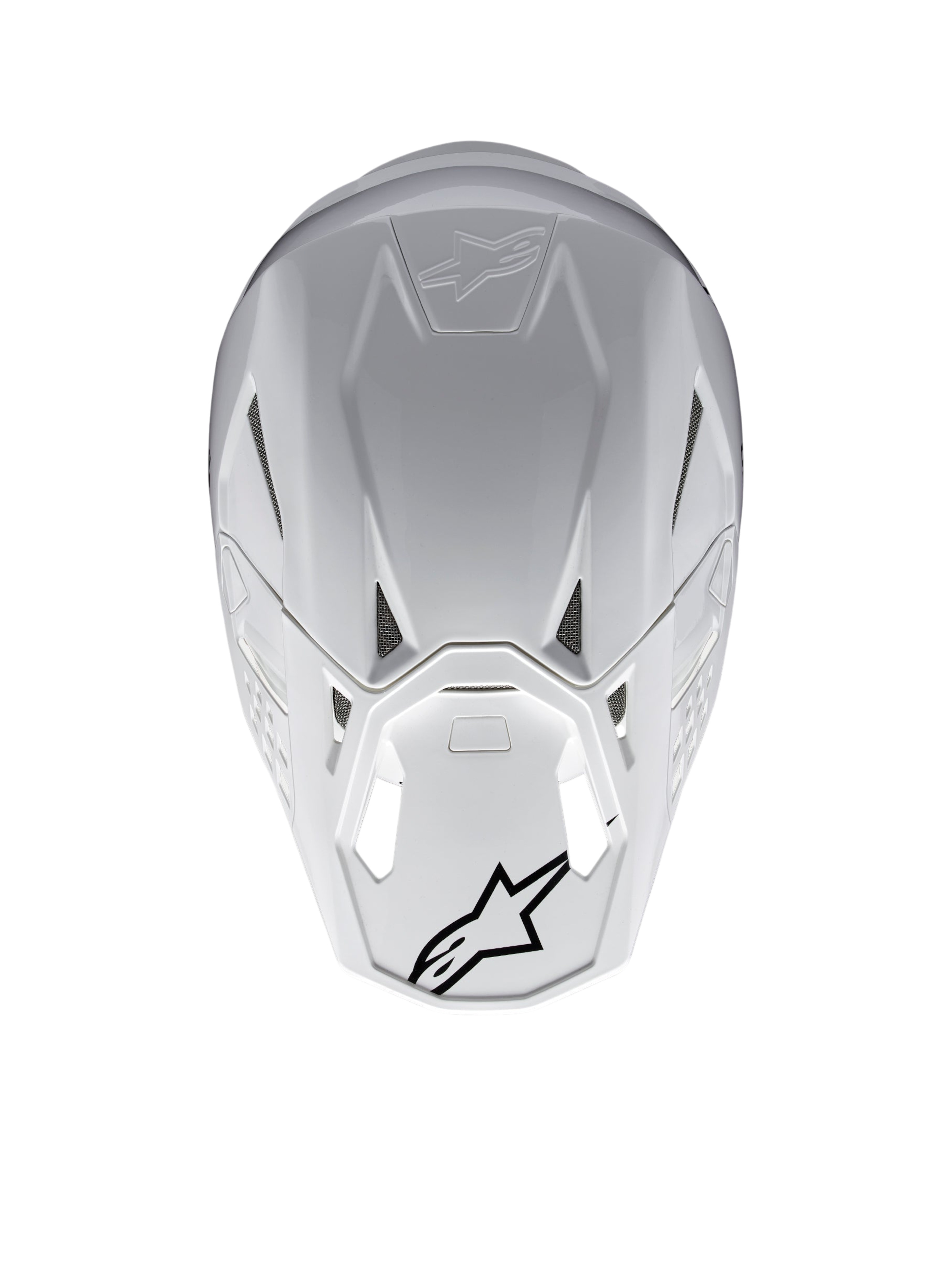 Alpinestars Supertech M10 Solid Hjälm ECE 22.06, vit glänsande motocrosshjälm sedd bakifrån med ventilationsöppningar och svarta Alpinestars-logotyper.