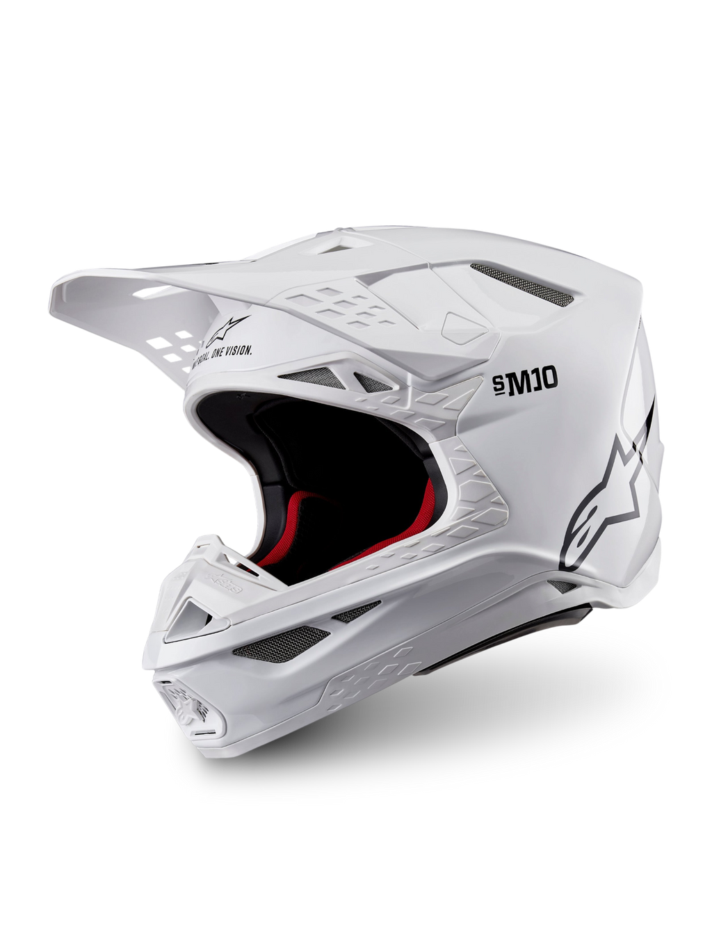 Alpinestars Supertech M10 Solid hjälm, ECE 22.06-godkänd vit glansig motocrosshjälm med svart och rött innerfoder, skärm och flera ventilationsöppningar, visad i trekvartsvy