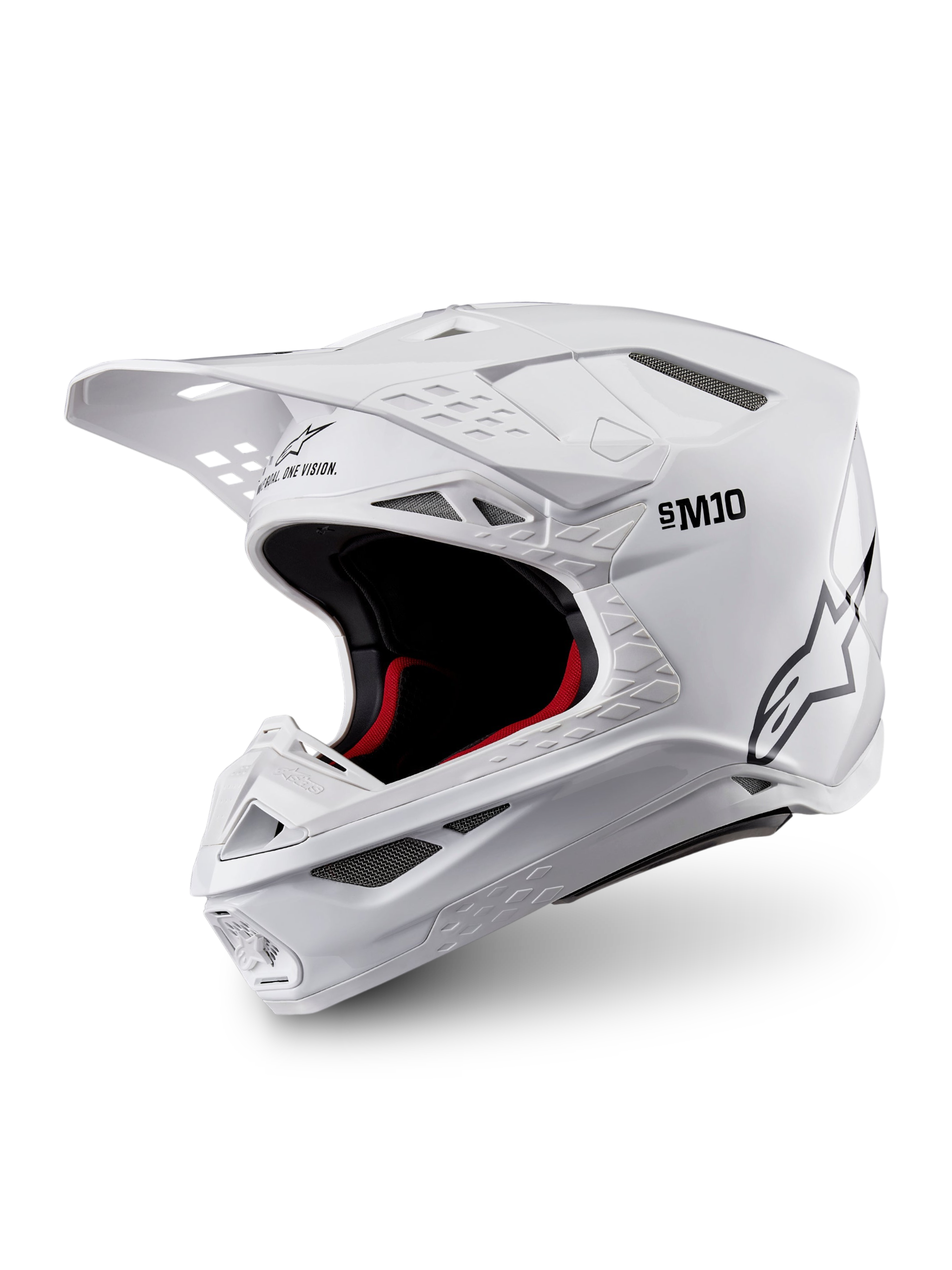 Alpinestars Supertech M10 Solid hjälm, ECE 22.06-godkänd vit glansig motocrosshjälm med svart och rött innerfoder, skärm och flera ventilationsöppningar, visad i trekvartsvy