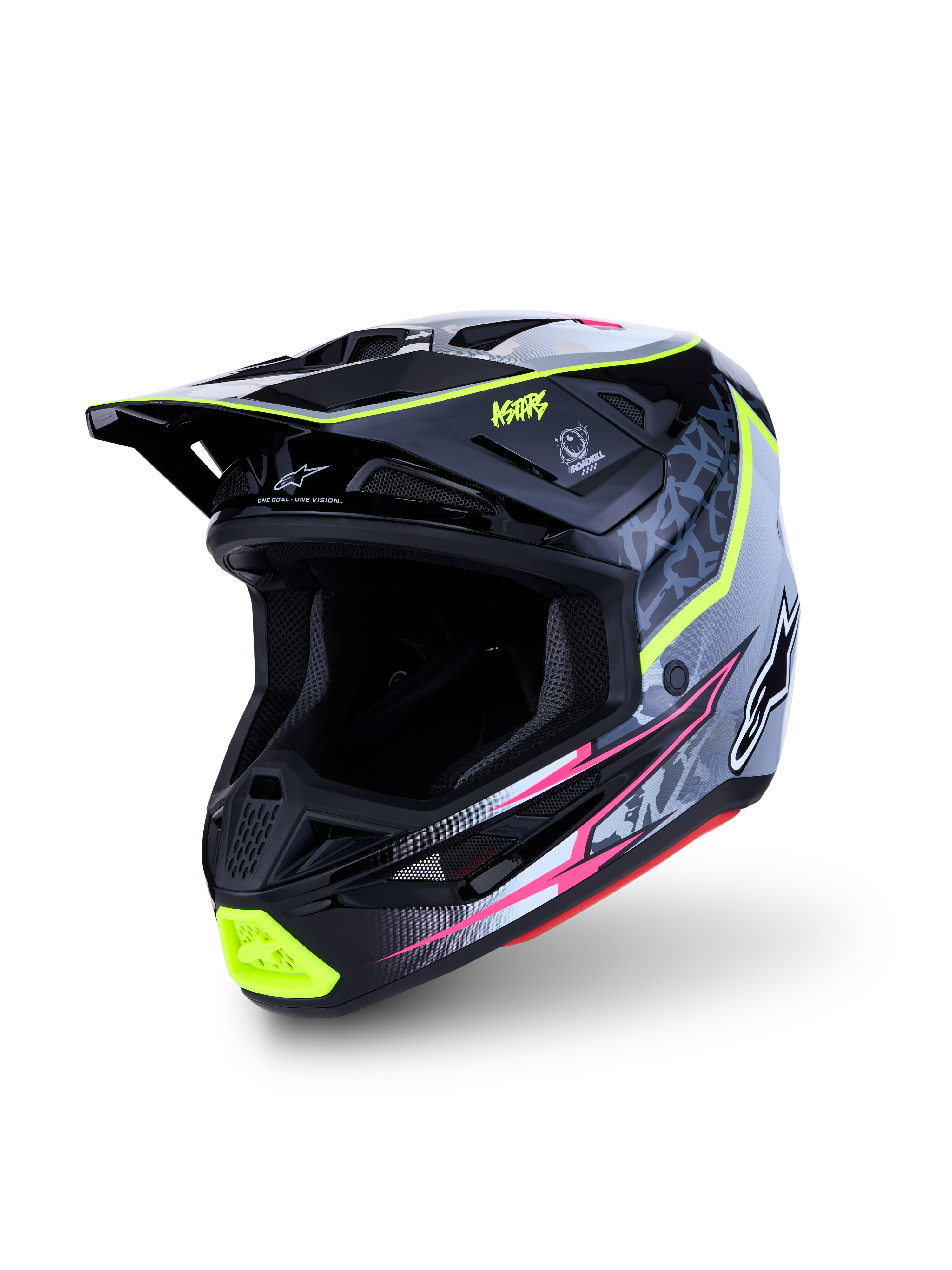 Alpinestars S-M7 Blaster motocrosshjälm, svart och grå med fluorescerande gult, kompositskal, ECE 22.06-certifierad.