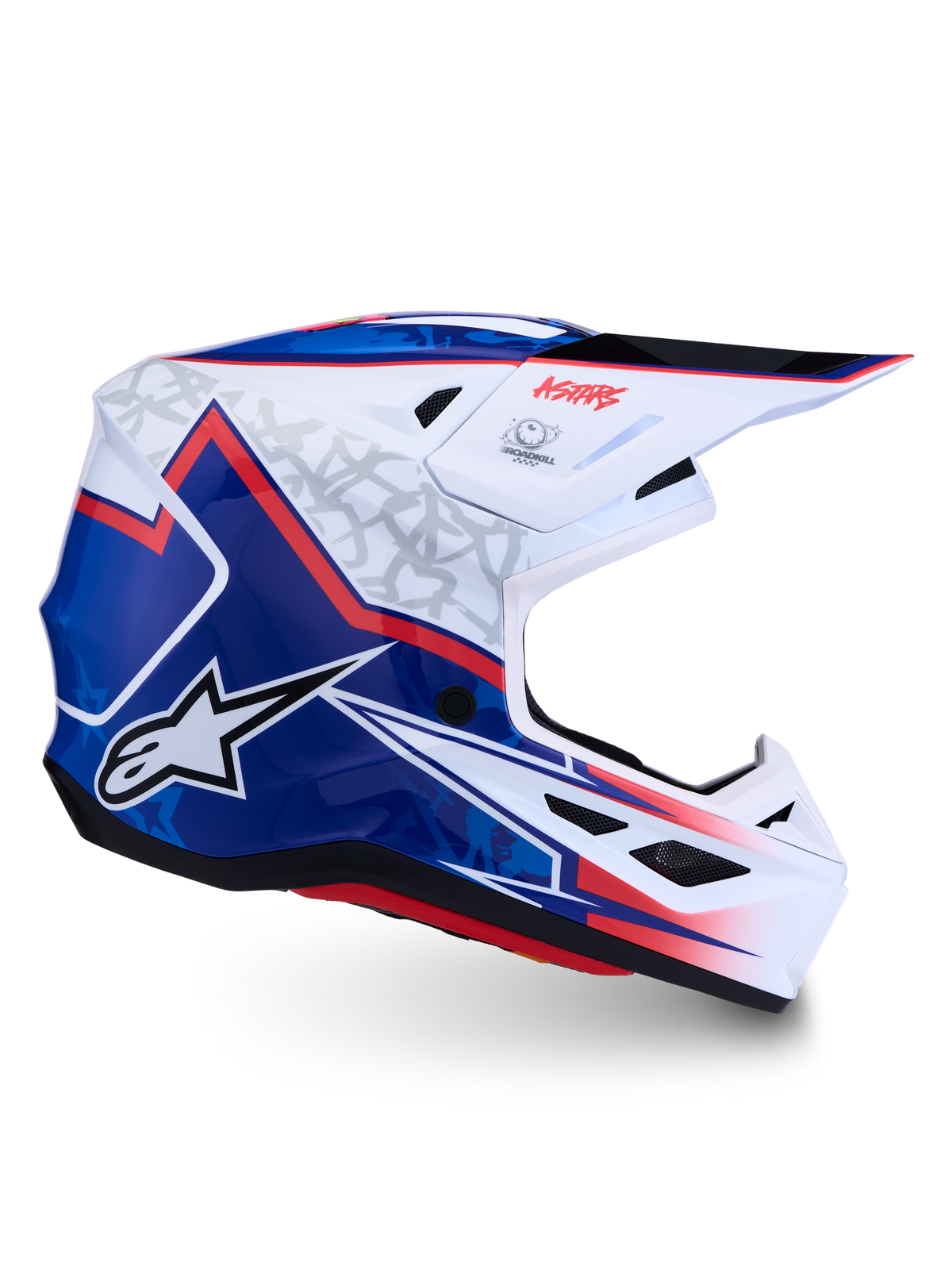 Alpinestars S-M7 Blaster motocrosshjälm, blank vit, blå och röd finish, ECE 22.06-certifierat aerodynamiskt kompositskal.