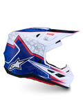 Alpinestars S-M7 Blaster motocrosshjälm, blank vit, blå och röd finish, ECE 22.06-certifierat aerodynamiskt kompositskal.