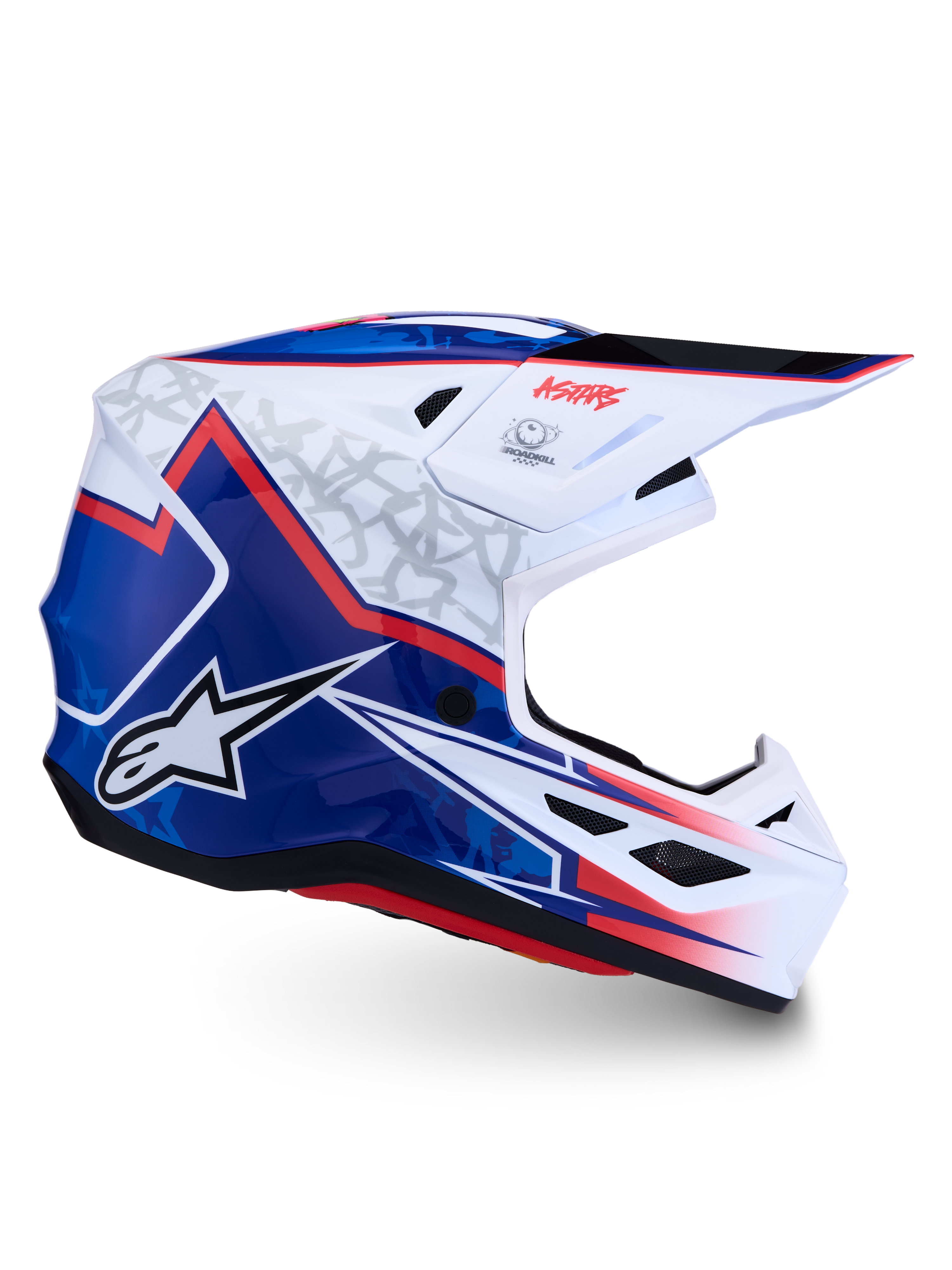 Alpinestars S-M7 Blaster motocrosshjälm, blank vit, blå och röd finish, ECE 22.06-certifierat aerodynamiskt kompositskal.