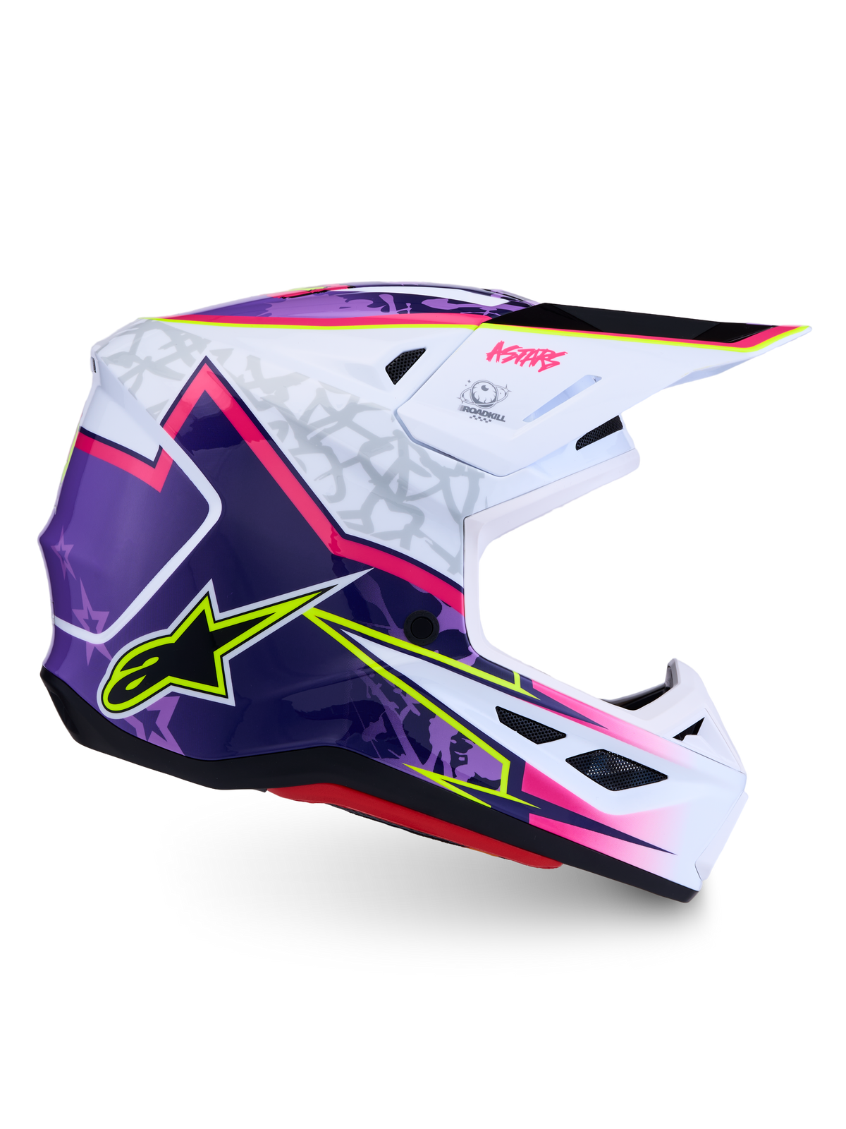 Alpinestars S-M7 Blaster hjälm, lila, rosa och vit motocrosshjälm med lättviktsskal, blank finish, ECE-certifierad.