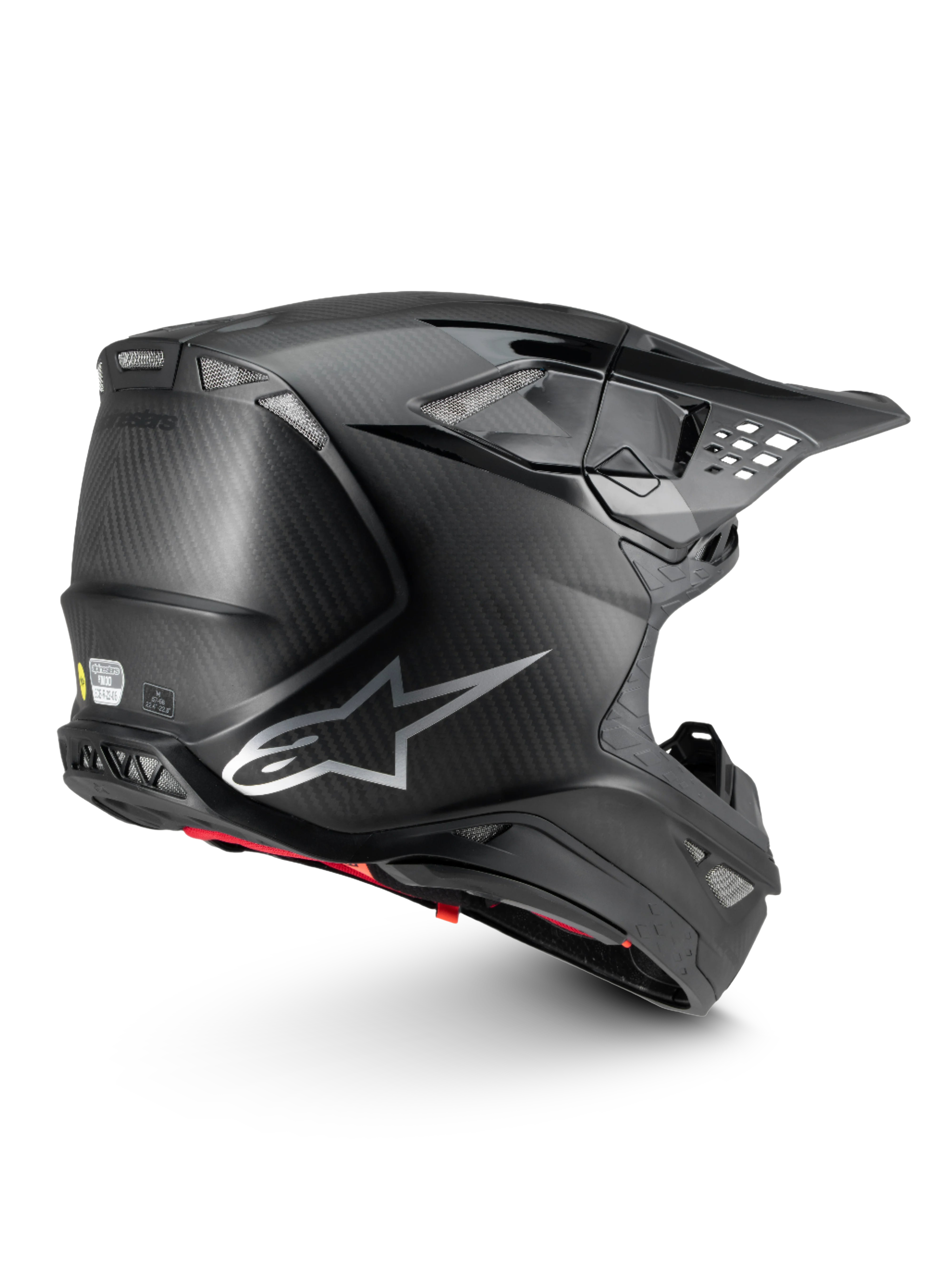 Alpinestars Supertech M10 Fame hjälm, motocrosshjälm i svart kolfiber med MIPS och ECE 22.06-certifiering för off-road.