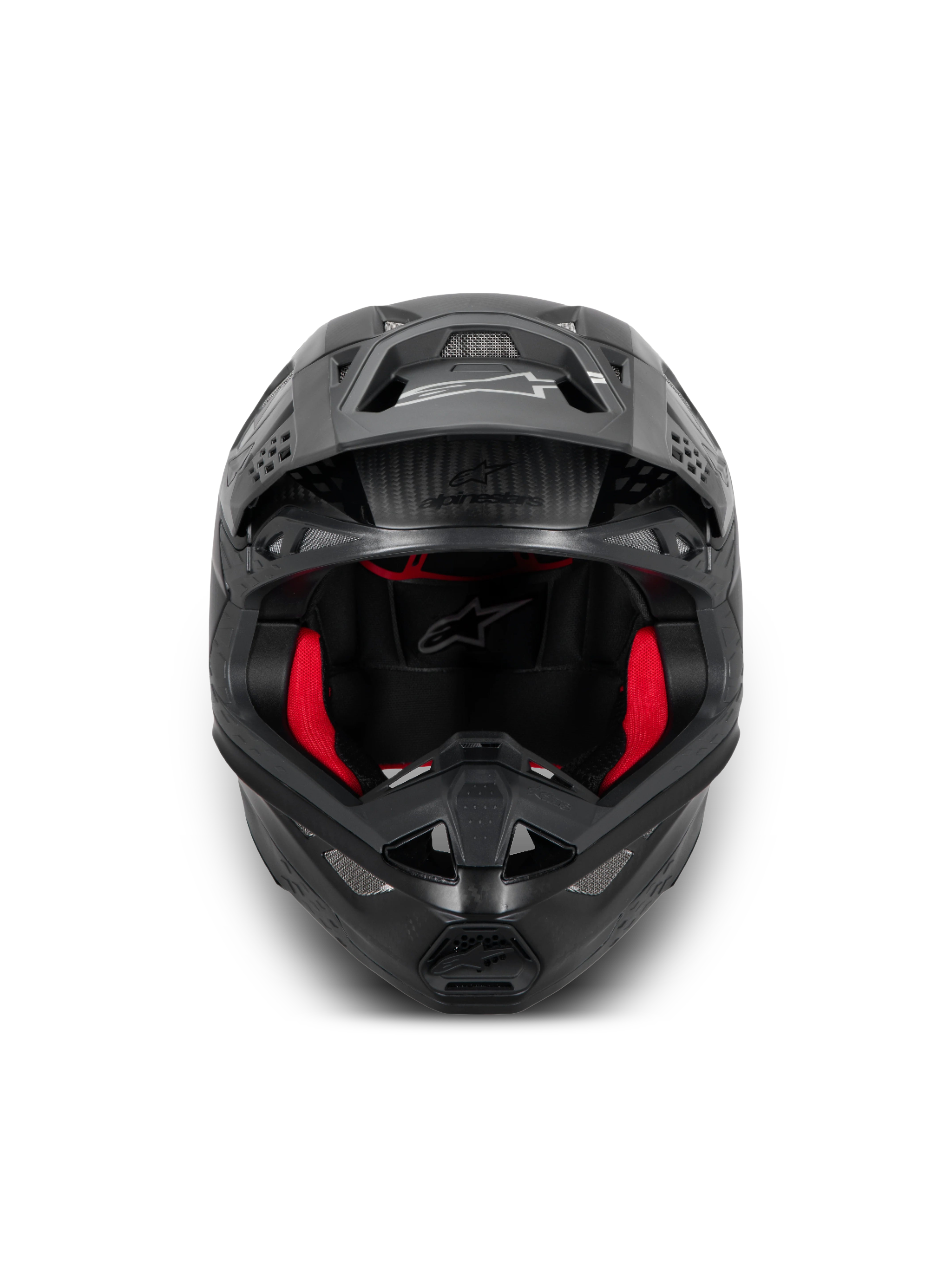 Alpinestars Supertech M10 Fame hjälm, svart motocrosshjälm i kolfiber med rött foder, ECE 22.06-certifierad
