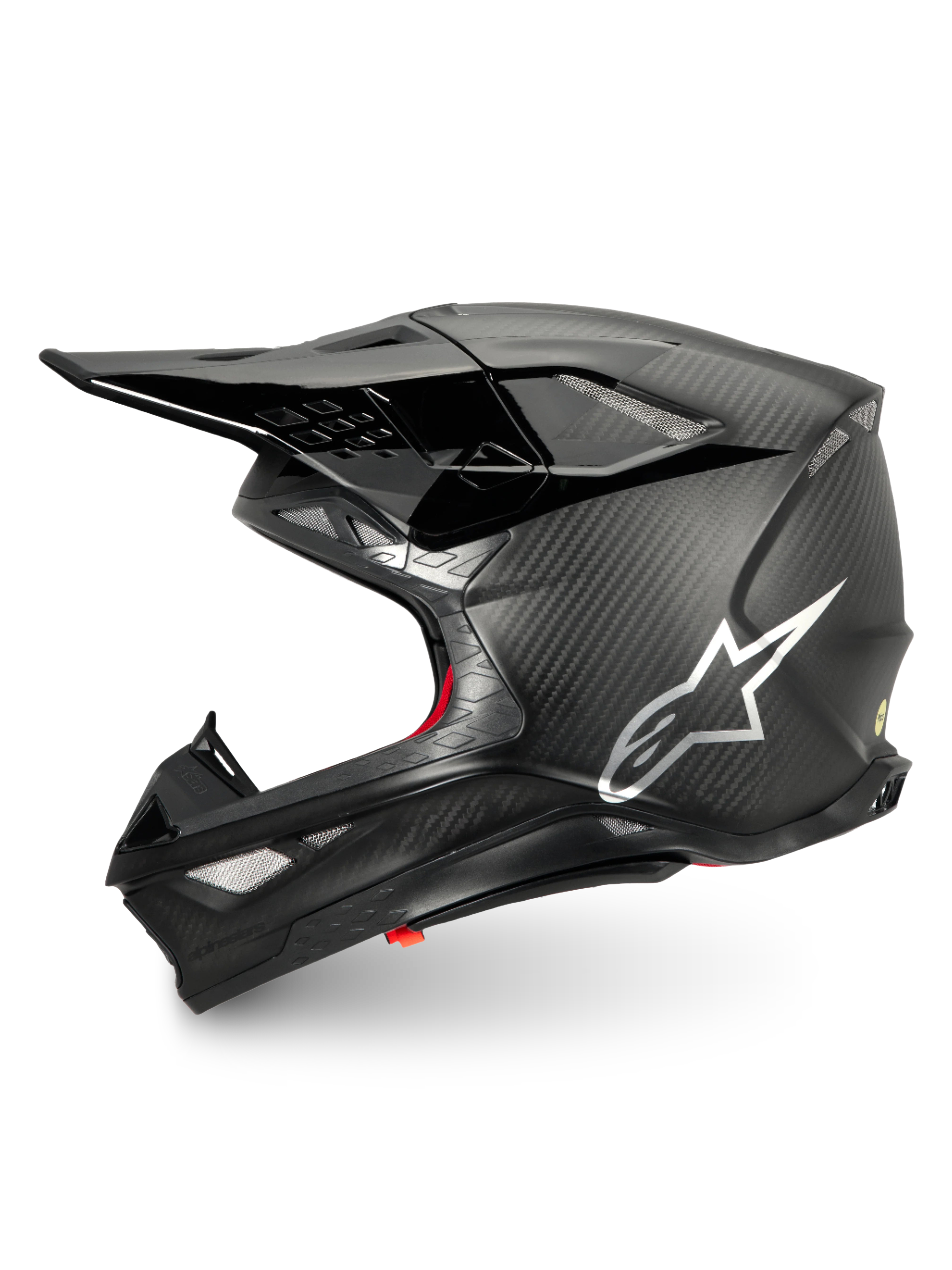 Alpinestars Supertech M10 Fame hjälm, svart motocrosshjälm i kolfiber med silverlogotyp, ECE 22.06-certifierad.