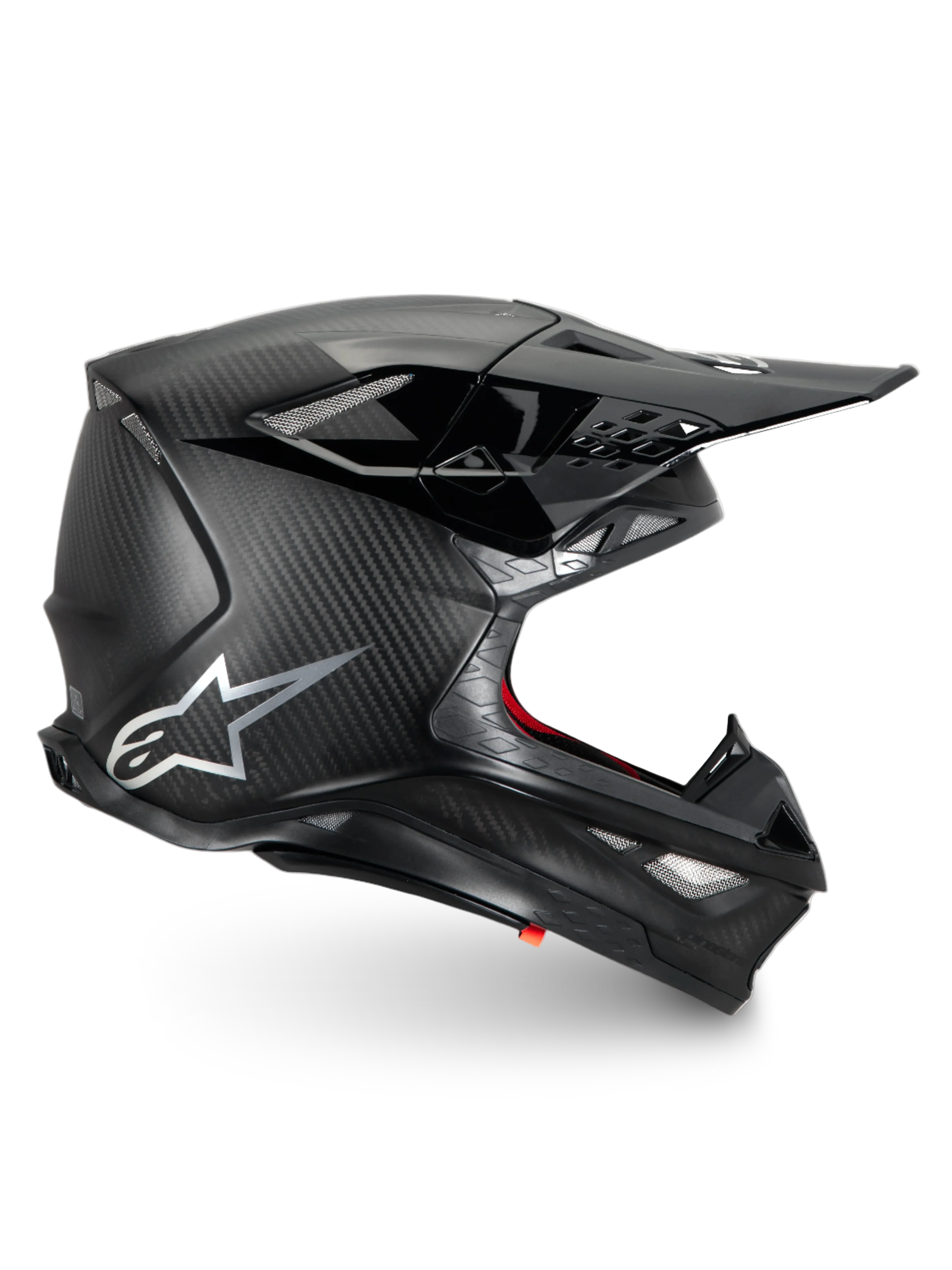 Alpinestars Supertech M10 Fame hjälm, svart matt motocrosshjälm i kolfiber, ECE 22.06-certifierad, professionellt skydd för racing och terrängkörning.