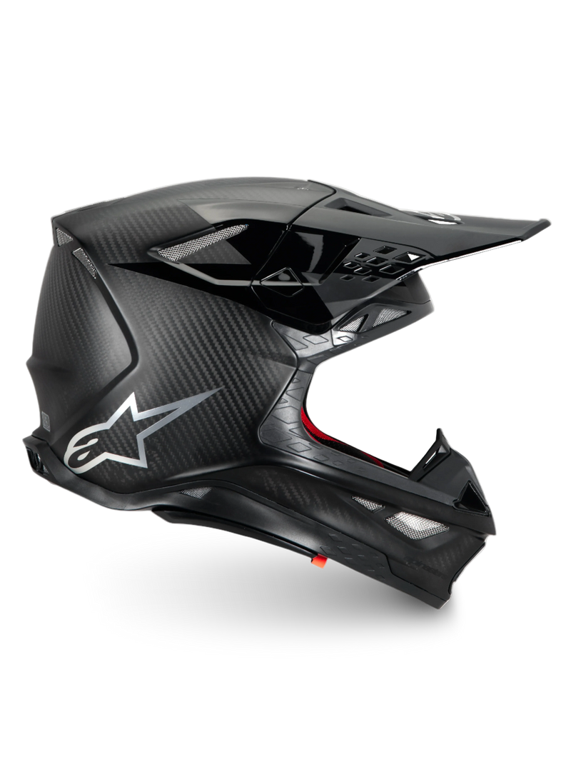 Alpinestars Supertech M10 Fame hjälm, svart matt motocrosshjälm i kolfiber, ECE 22.06-certifierad, professionellt skydd för racing och terrängkörning.