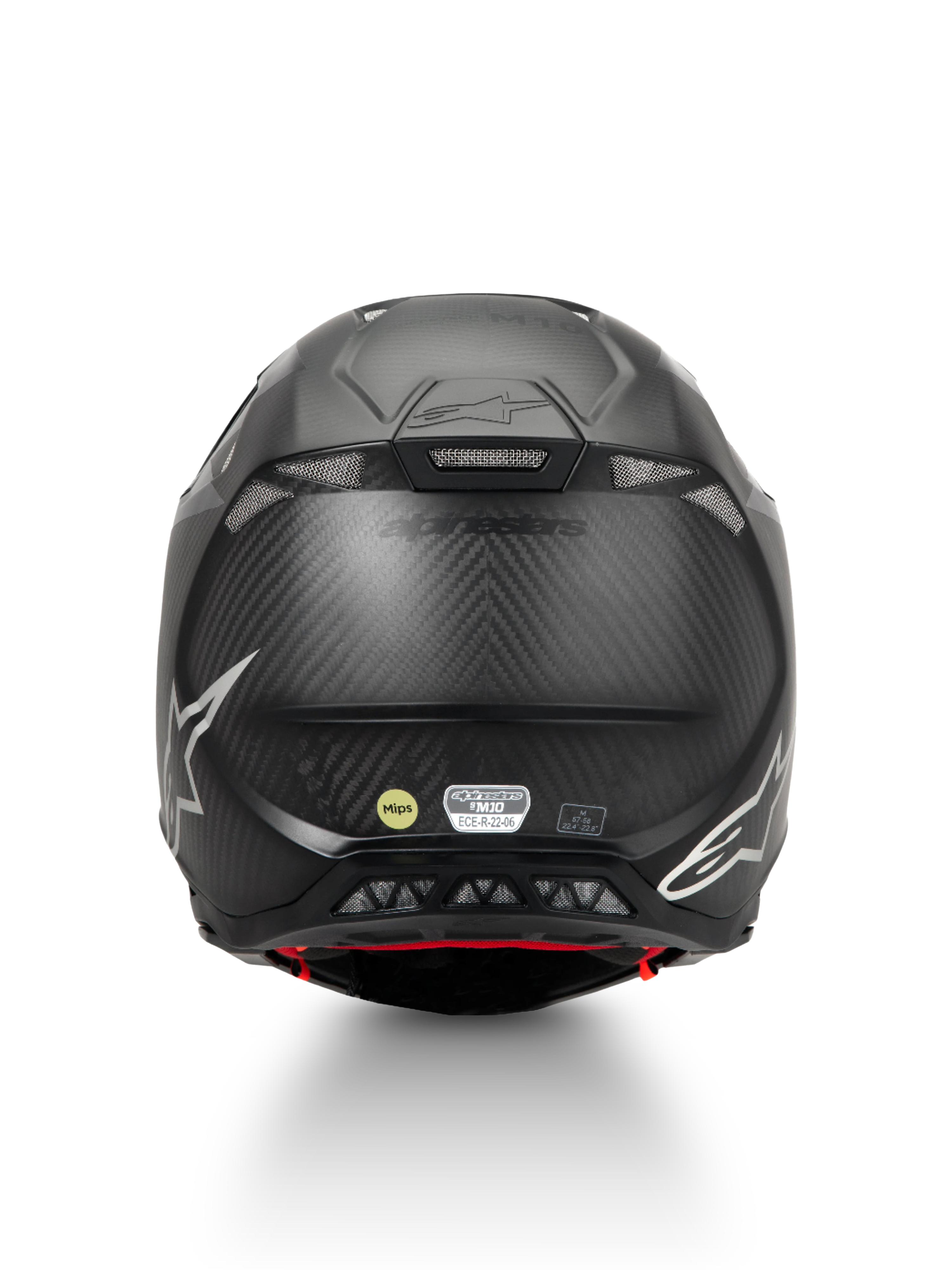 Alpinestars Supertech M10 Fame hjälm, motocrosshjälm i matt svart kolfiber med MIPS-skydd och ECE 22.06, baksida.