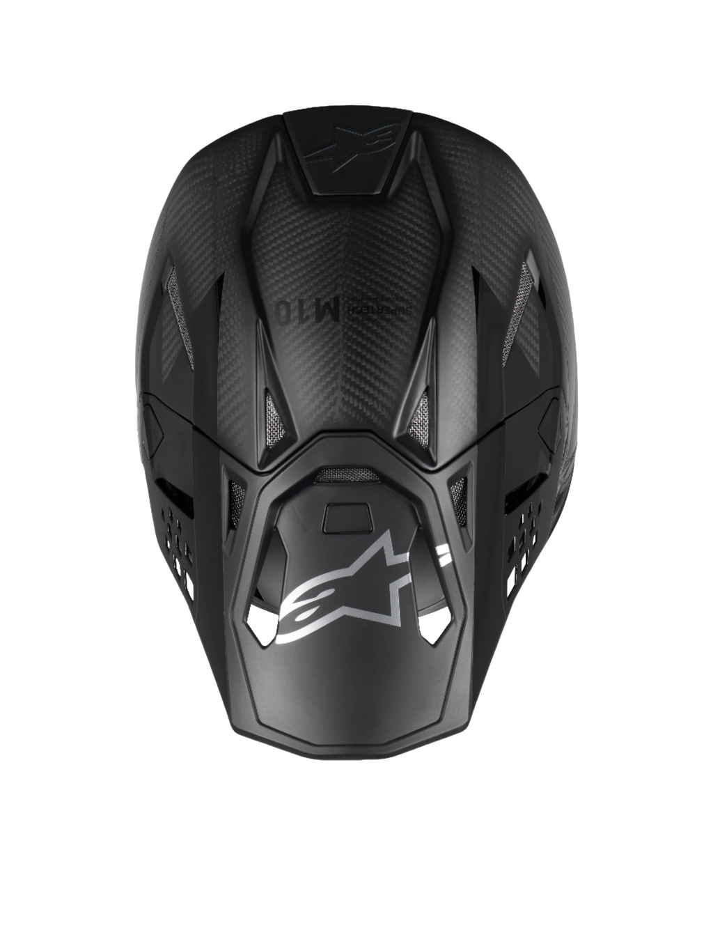 Alpinestars Supertech M10 Fame motocrosshjälm sedd uppifrån i svart matt och glansig 3K-kolfiber, ECE 22.06-certifierad.