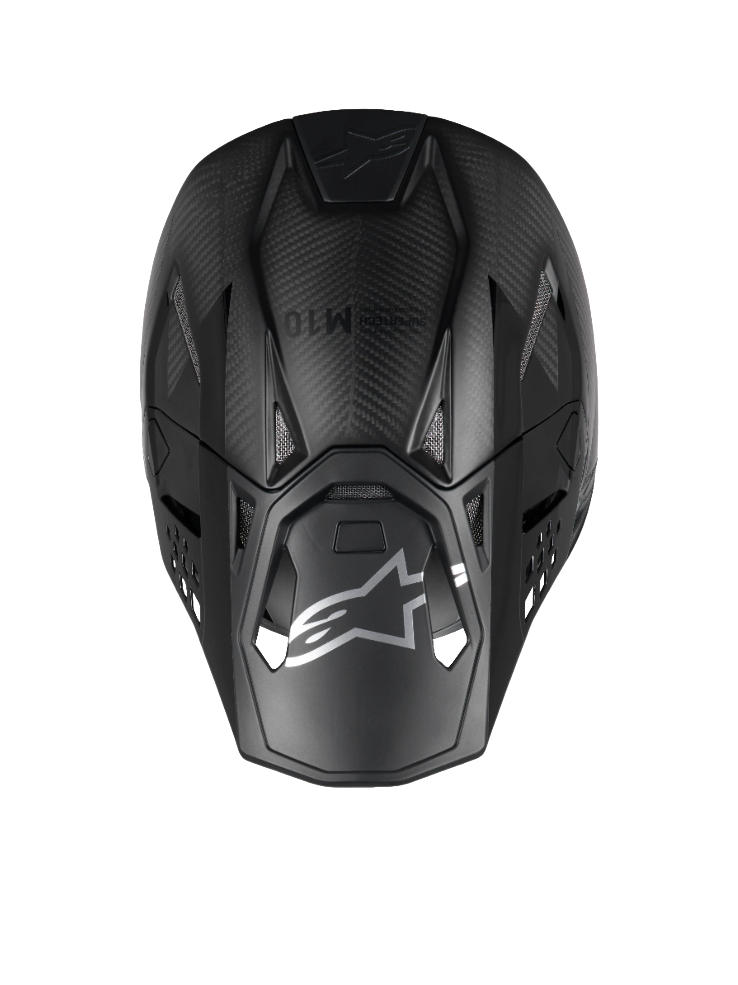 Alpinestars Supertech M10 Fame motocrosshjälm sedd uppifrån i svart matt och glansig 3K-kolfiber, ECE 22.06-certifierad.