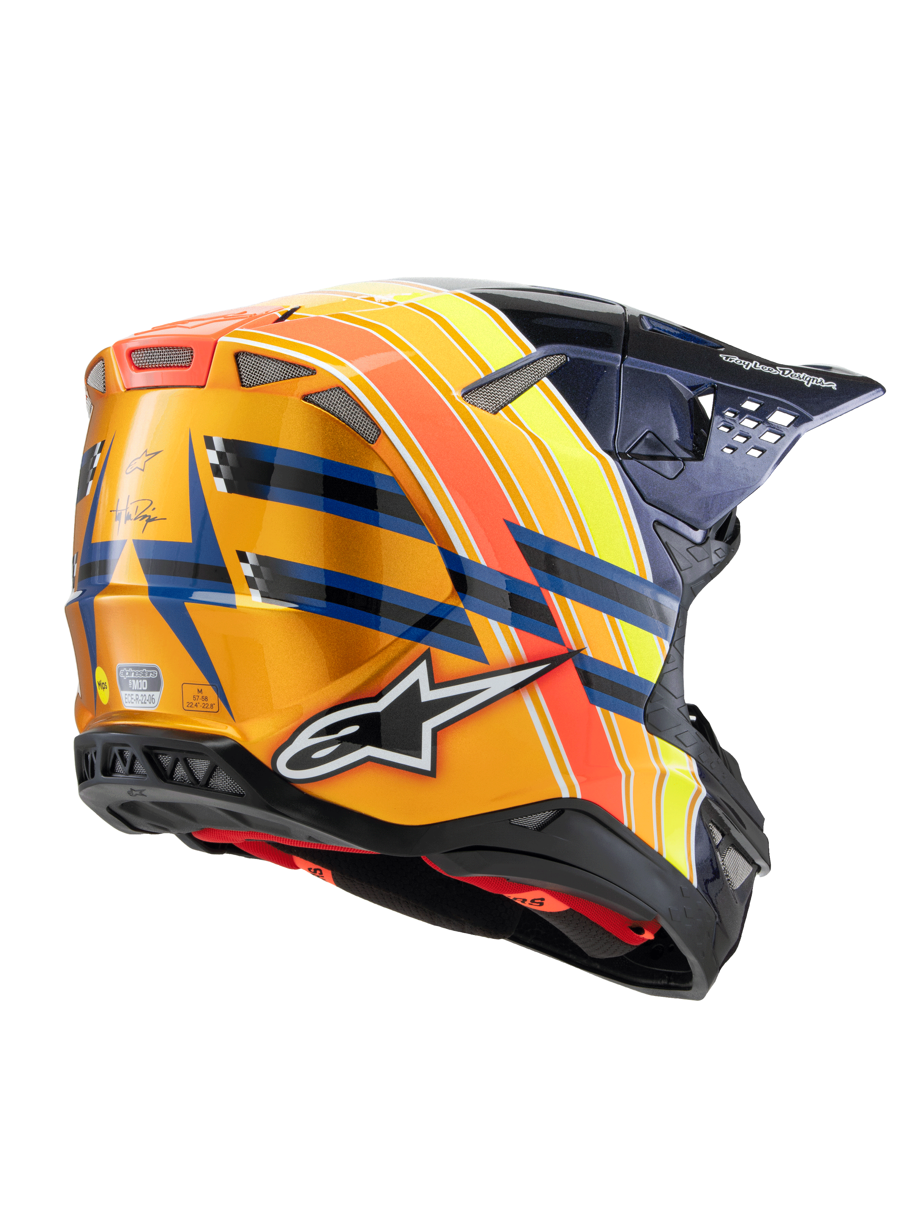 Alpinestars Supertech M10 TLD Edition 25 Helmet, Motocross Helmet, Dark Blue Orange and Yellow Fluo with Red, rear three-quarter view showing glossy finish, bold Alpinestars logo, Troy Lee Designs branding, and integrated ventilation ports.