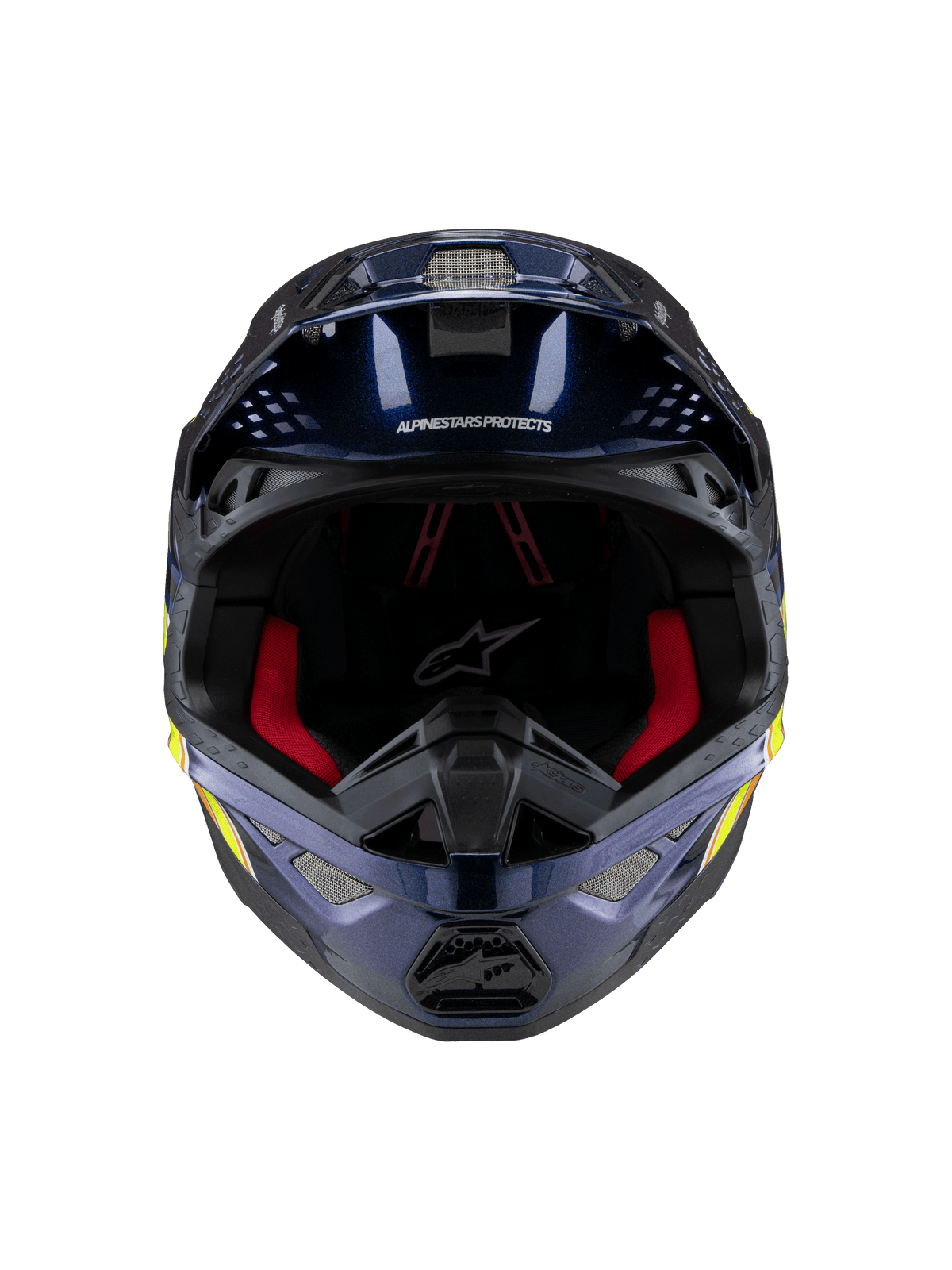 Alpinestars Supertech M10 TLD Edition 25 hjälm, motocrosshjälm, blank mörkblå metallic med röd invändig vaddering, vy framifrån som visar ventilationsnät och sidografik i gult och orange, premiumskydd för terrängkörning