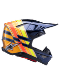 Alpinestars Supertech M10 TLD Edition 25 Helmet, Motocross Helmet, Dark Metallic Blue with vibrant orange, yellow, and red stripes, side profile view, glossy finish featuring Alpinestars and Troy Lee Designs branding, aerodynamic shell with multiple mesh vents for off-road racing