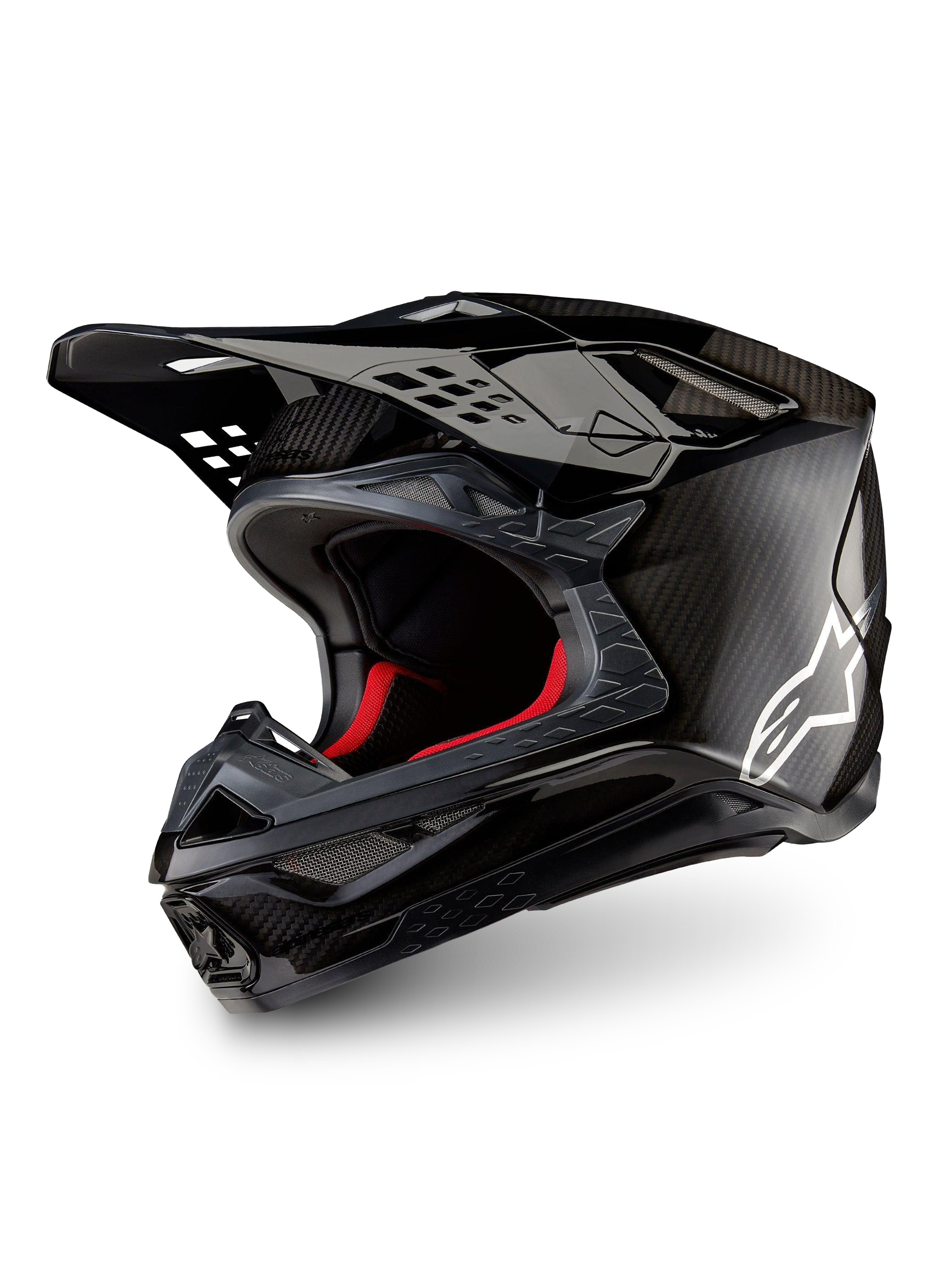 Alpinestars Supertech M10 Fame motocrosshjälm i matt och glansig svart kolfiber med vit logotyp, CE-certifierad.